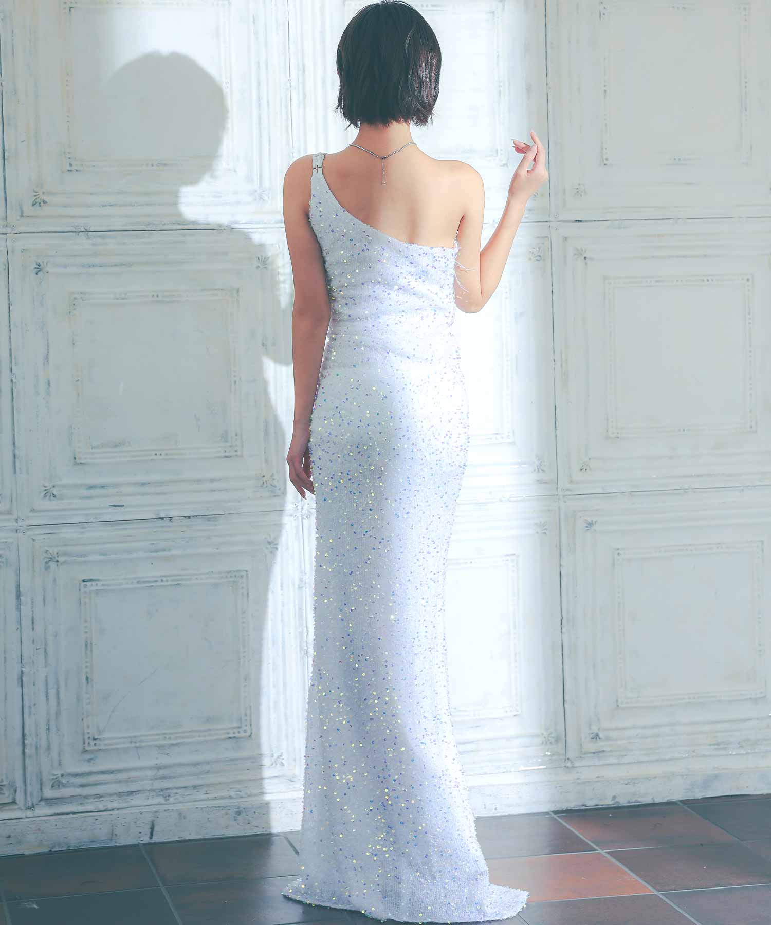 Tika Cabaret Dress with Fur One-Shoulder Sparkling Sequin Slit Tight Long Dress