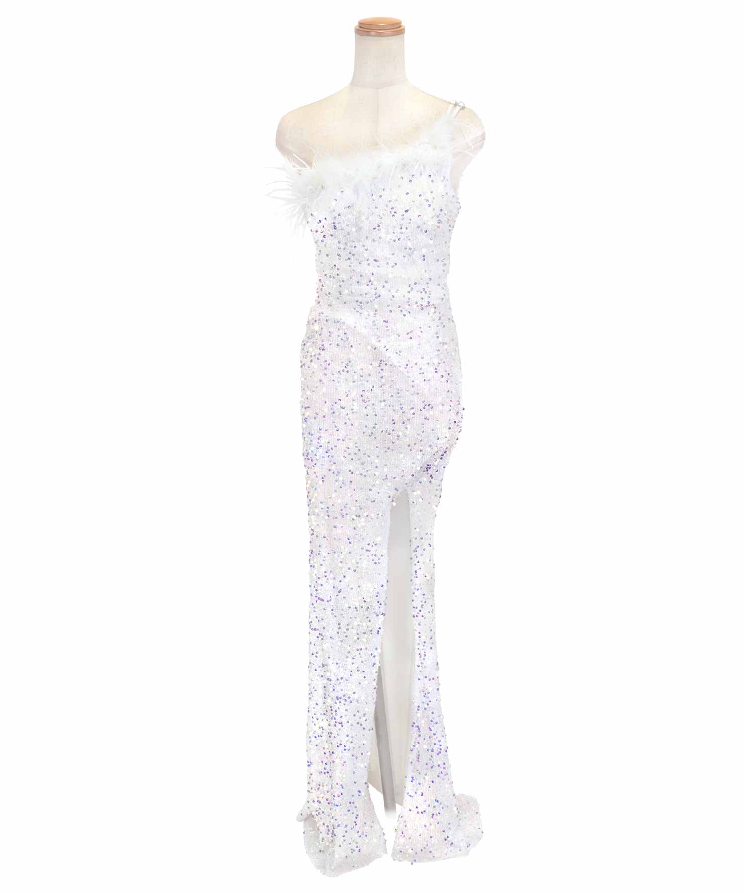 Tika Cabaret Dress with Fur One-Shoulder Sparkling Sequin Slit Tight Long Dress
