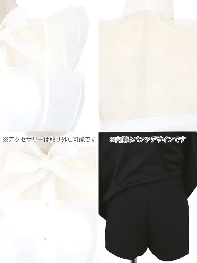 ティカ Tika キャバドレス 韓国ドレス ノースリーブフリルボウタイネックリボンシアーシャツフレアミニスカートセットアップドレス （ホワイト×ブラック） ホワイト×ブラック