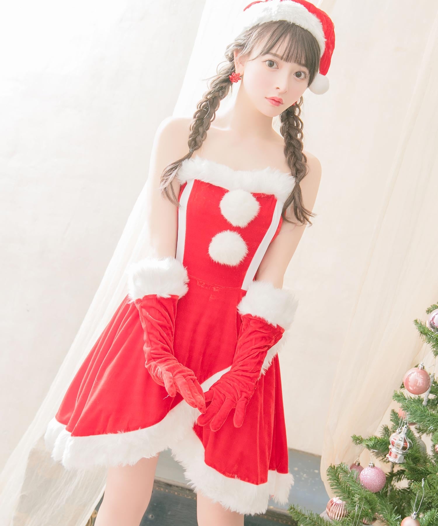ティカ Tika クリスマスサンタコスプレラップスカートタッチベアトップミニワンピースサンタコスチューム4点セット【返品不可商品】,レッド