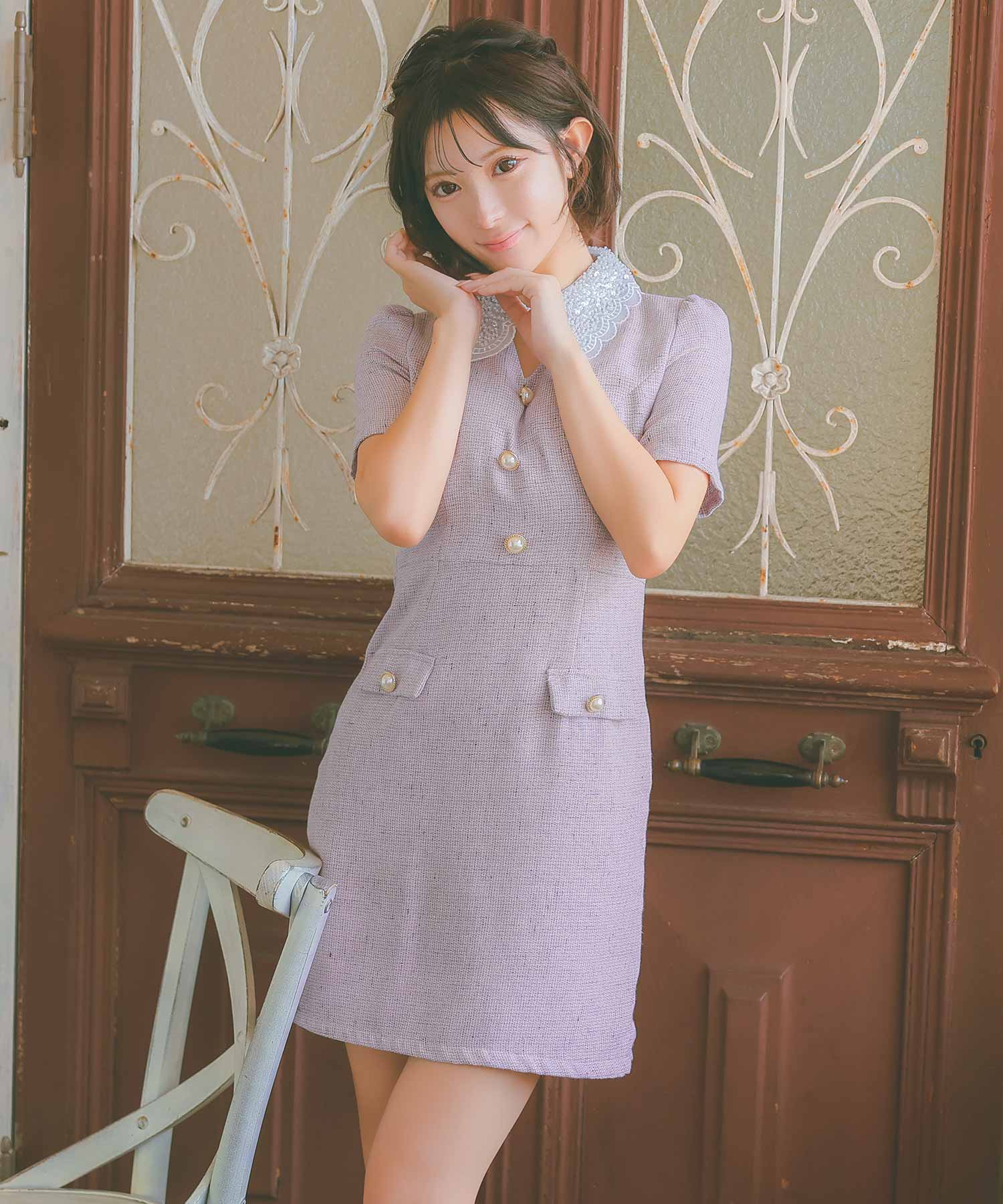 Tika Cabaret Dress Short Sleeve Lace Collar Design Pearl Button Tweed Flare Mini Dress - Mint Blue / S Tika Cabaret Dress Short Sleeve Lace Collar Design Pearl Button Tweed Flare Mini Dress - Mint Blue / S