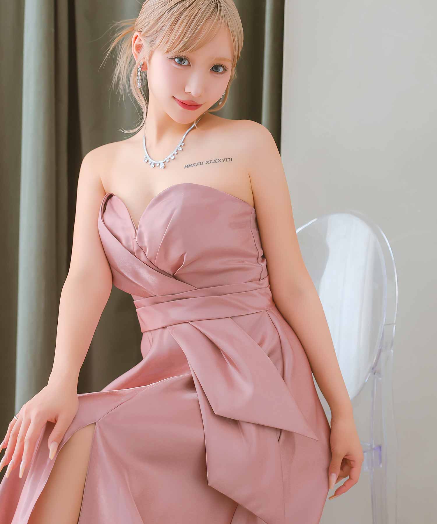 Tika Cabaret Dress Heart Cut Bear Satin Slit A-Line Long Birthday Dress