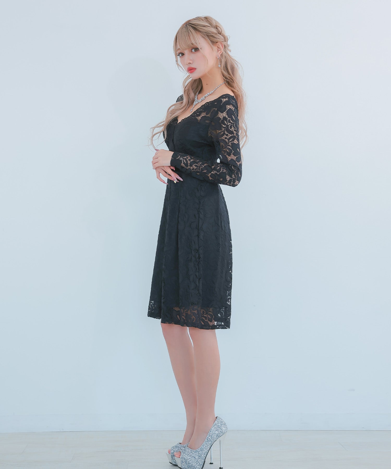 ティカ Tika キャバドレス 総レース長袖ハイウエスト切替フレア膝丈プチプラドレス (Sサイズ～XXXLサイズ) （ブラック） ブラック