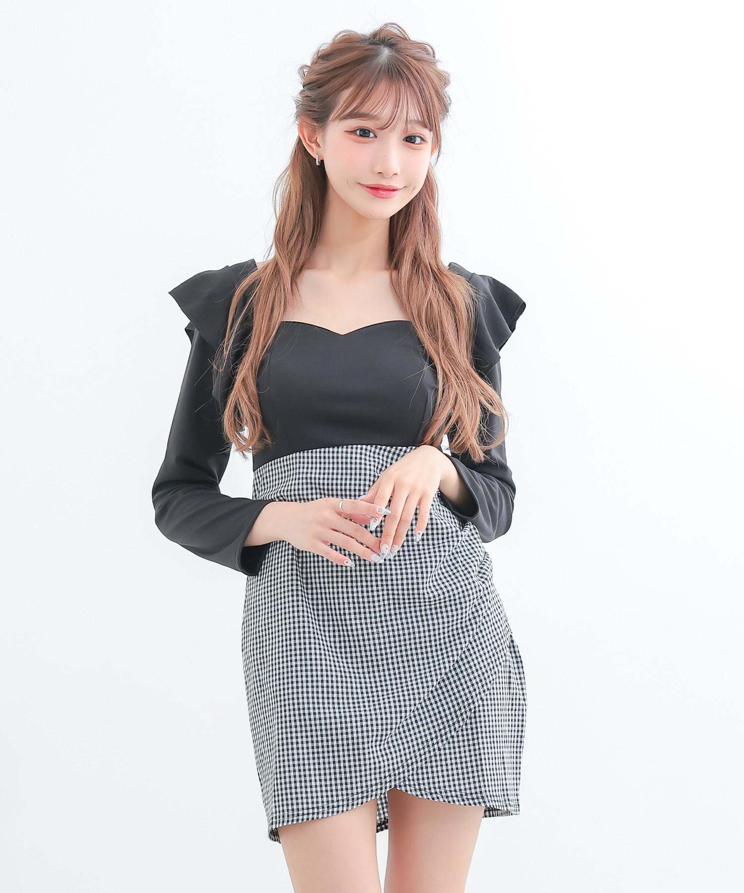 ティカ Tika キャバドレス 長袖 袖ありフリルギンガムチェック柄ウエスト切替タイトミニドレス (M～XLサイズ) （チェック柄） チェック柄