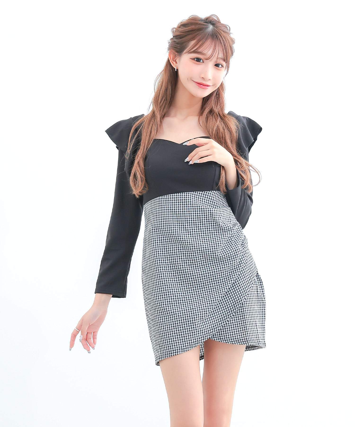 ティカ Tika キャバドレス 長袖 袖ありフリルギンガムチェック柄ウエスト切替タイトミニドレス (M～XLサイズ) （チェック柄） チェック柄