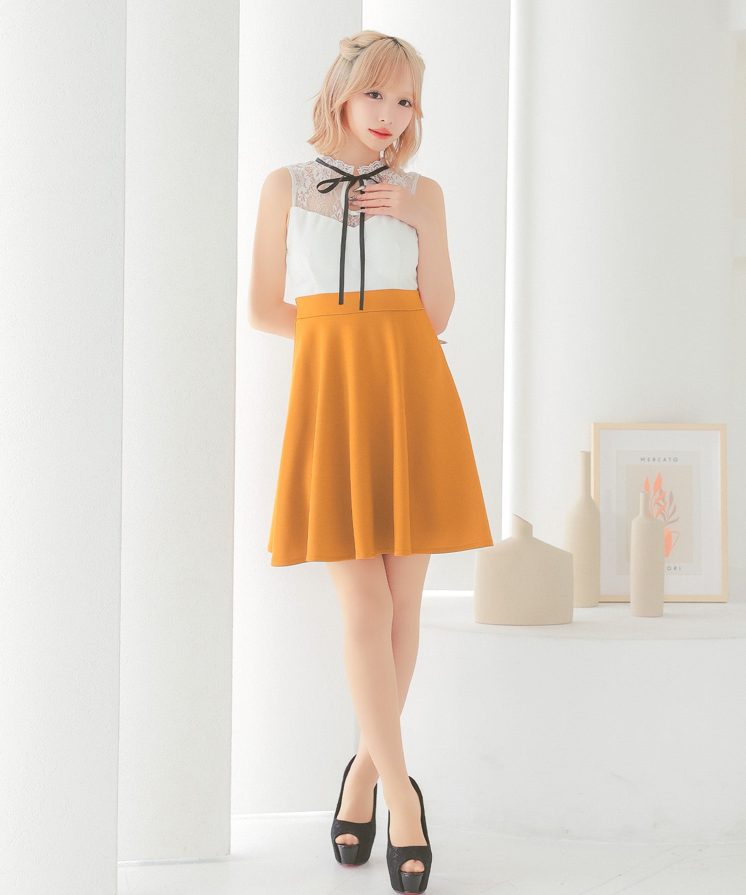 ティカ Tika キャバドレスノースリーブ レース ネックリボン バイカラー 切り替え フレアミニドレス (Sサイズ～ XXXXLサイズ) （ホワイト×レッド） ホワイト×レッド