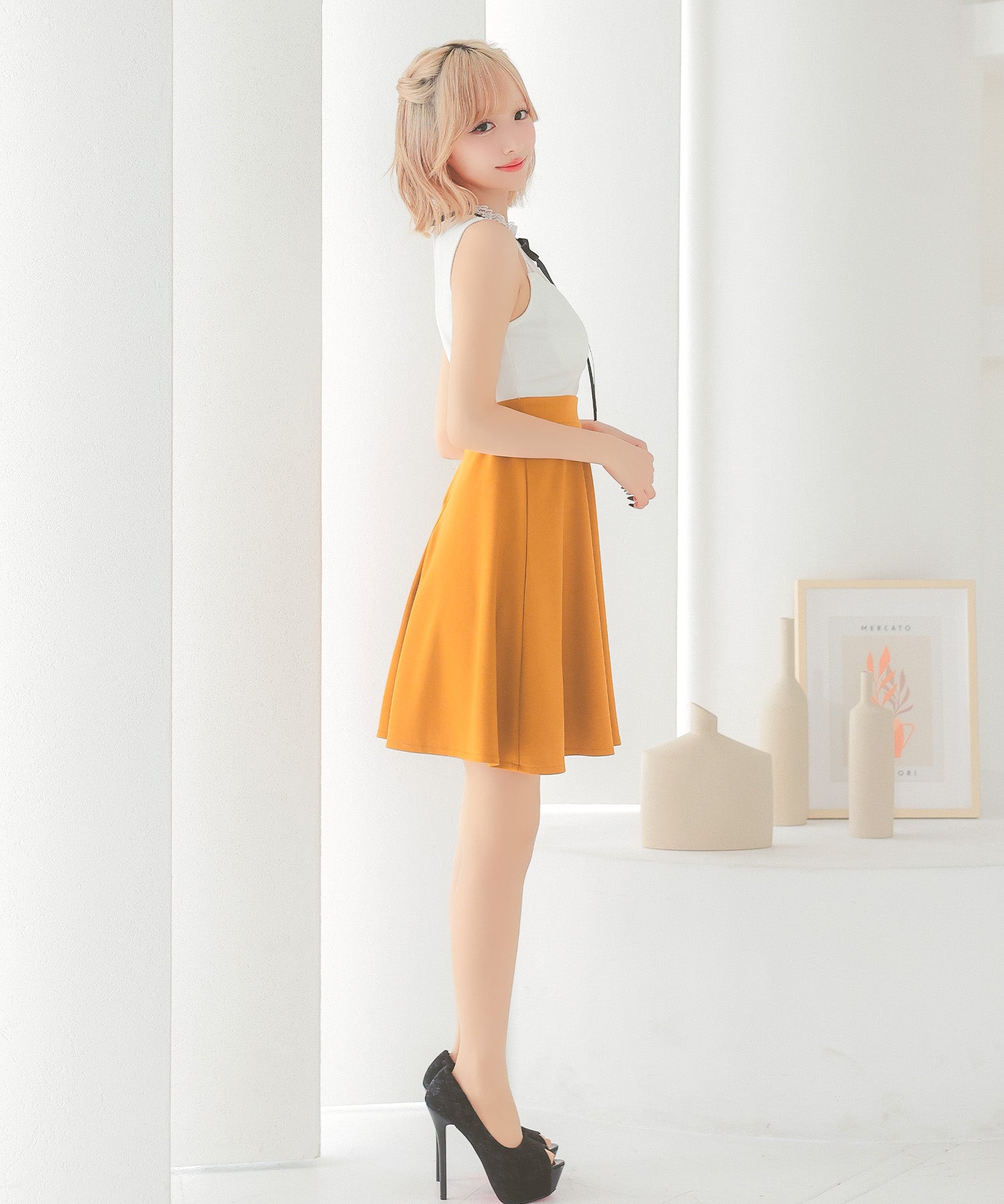 ティカ Tika キャバドレスノースリーブ レース ネックリボン バイカラー 切り替え フレアミニドレス (Sサイズ～ XXXXLサイズ) （ホワイト×レッド） ホワイト×レッド