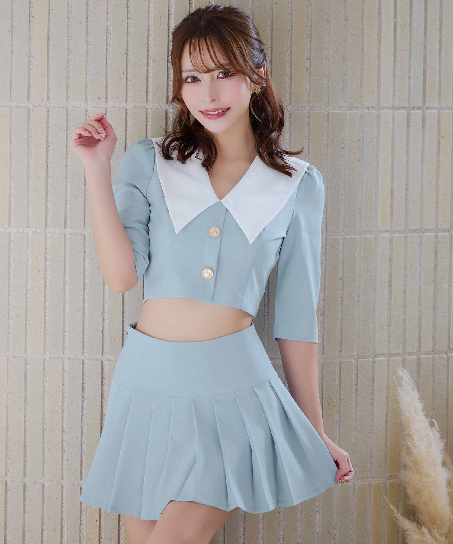 ティカ Tika キャバドレス [Anella/アネラ] セットアップ 襟付き 袖あり 七分袖 ショートトップス プリーツスカート フレアミニドレス (Sサイズ/Mサイズ) （ライトブルー） ライトブルー