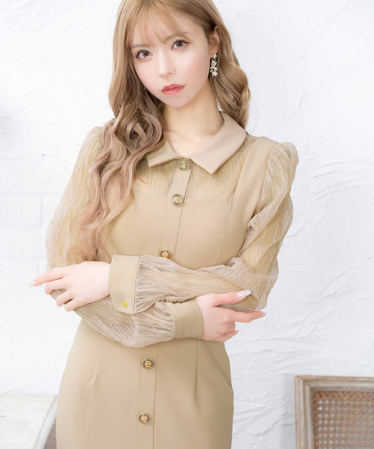 ティカ Tika キャバドレス [Anella/アネラ] 襟付き シースルー 長袖 袖あり マーメイド 膝丈ドレス (Sサイズ～Lサイズ) （ベージュ） ベージュ