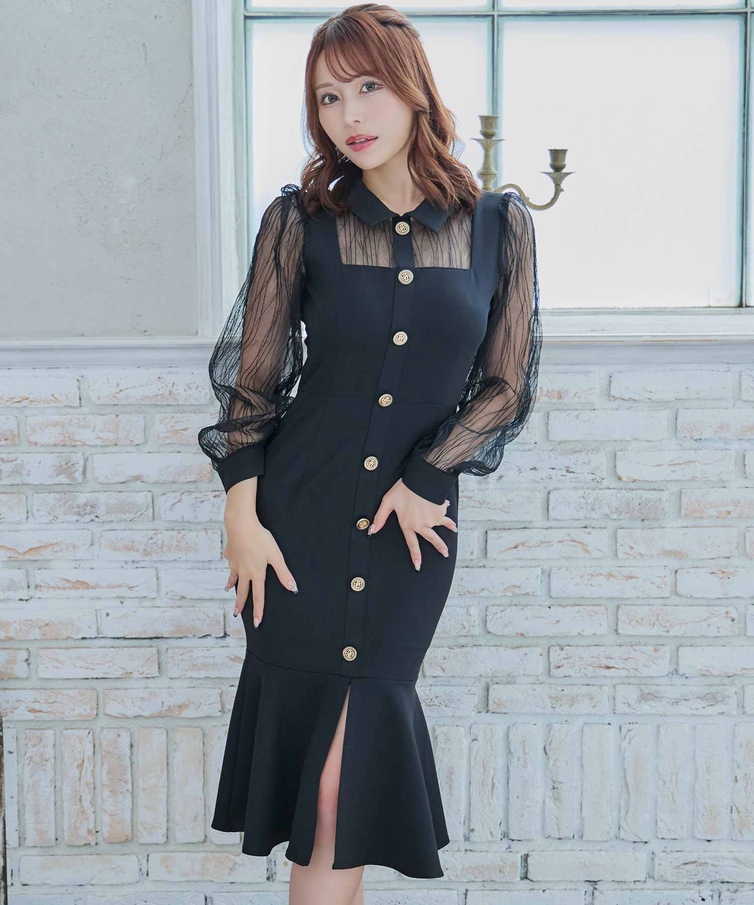 ティカ Tika キャバドレス [Anella/アネラ] 襟付き シースルー 長袖 袖あり マーメイド 膝丈ドレス (Sサイズ～Lサイズ) （ブラック） ブラック