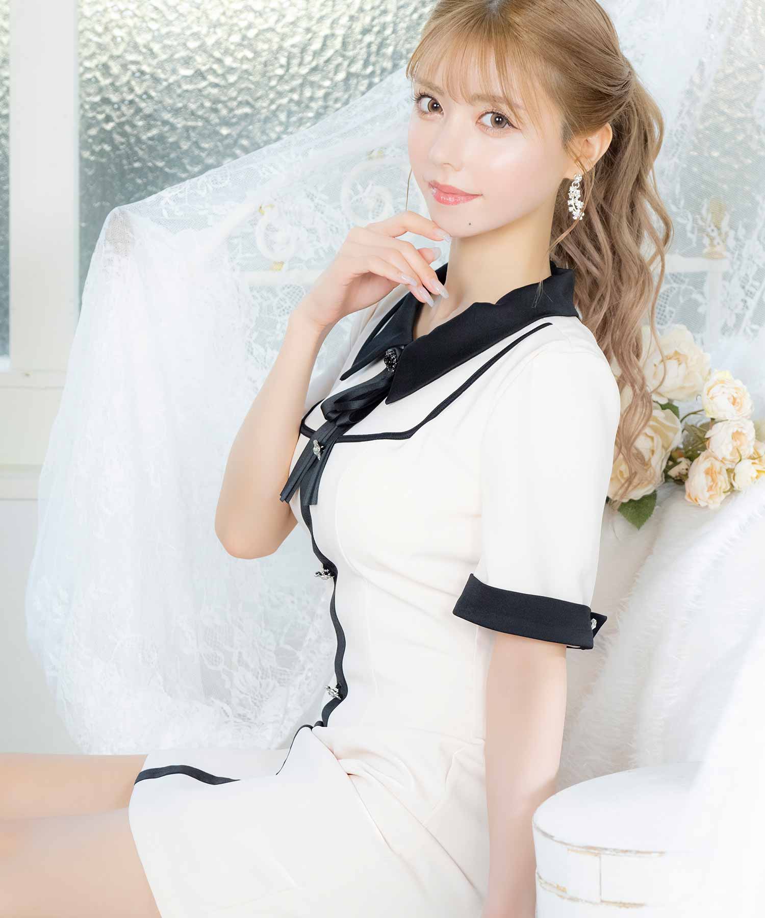 ティカ Tika キャバドレス [Anella/アネラ] 半袖 リボン 襟付き モノトーン タイトミニドレス (Sサイズ/Mサイズ) （クリーム） クリーム