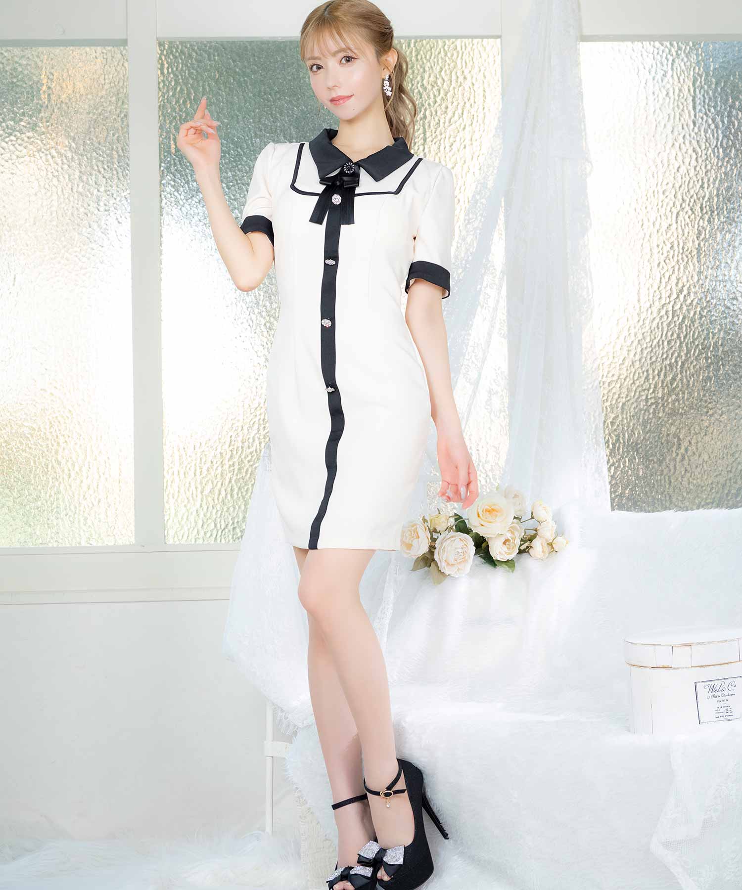 ティカ Tika キャバドレス [Anella/アネラ] 半袖 リボン 襟付き モノトーン タイトミニドレス (Sサイズ/Mサイズ) （クリーム） クリーム
