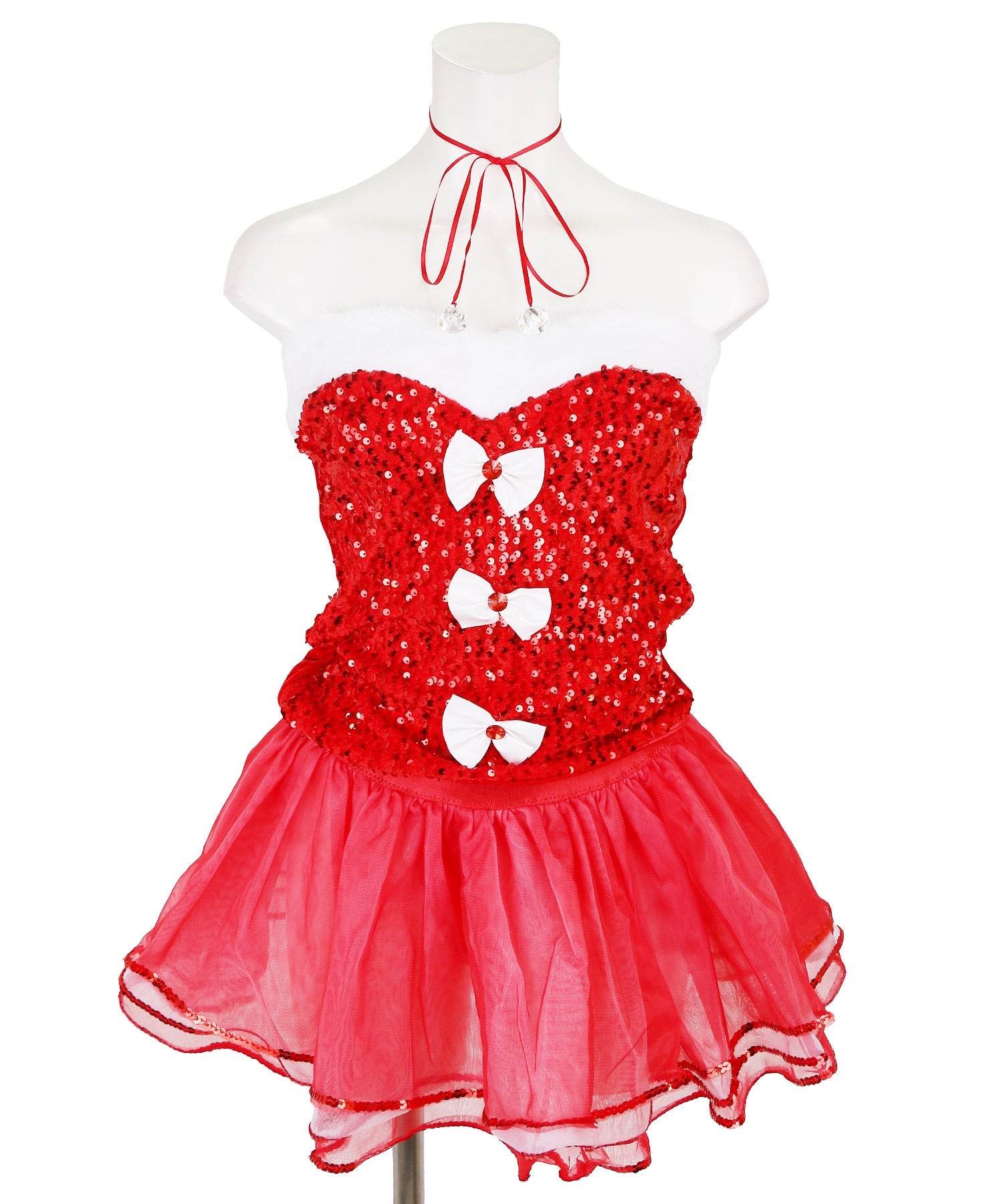 Tika Christmas Santa Cosplay Sequined Strapless Top x Tulle Mini Skirt Set Reindeer 7-Piece Set [Non-Returnable Item]