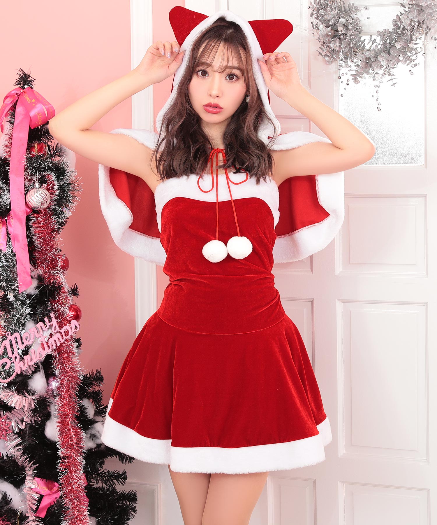 ティカ Tika クリスマスコスプレネコ耳フード付きケープ×ベアトップフレアワンピースサンタコスチューム3点セット【返品不可商品】,レッド