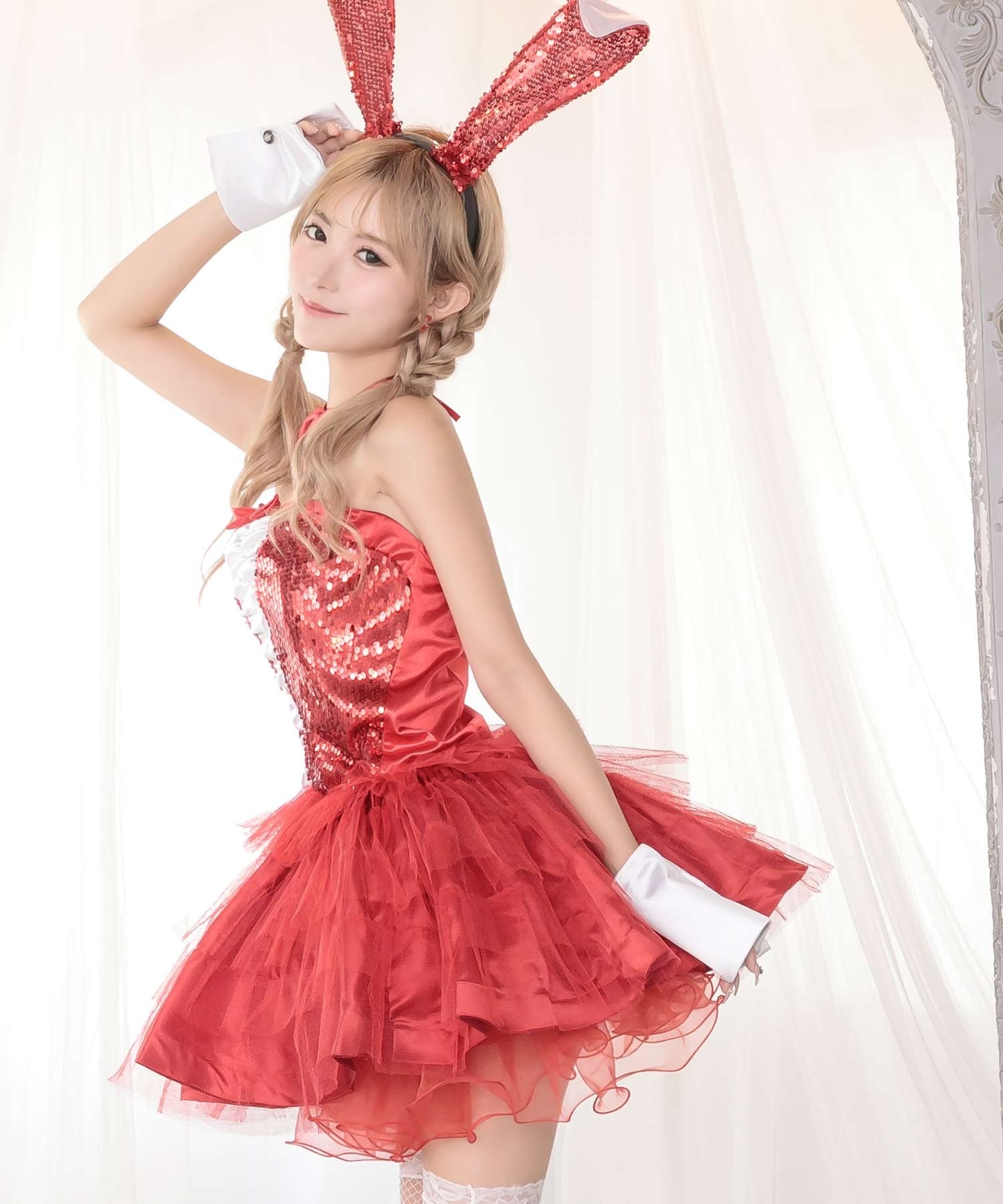 ティカ Tika ハロウィン  キラキラスパンコールリボンボリュームミニ丈チュールメイド風バニーガールハロウィンコスプレ衣装4点セット【返品不可商品】,レッド