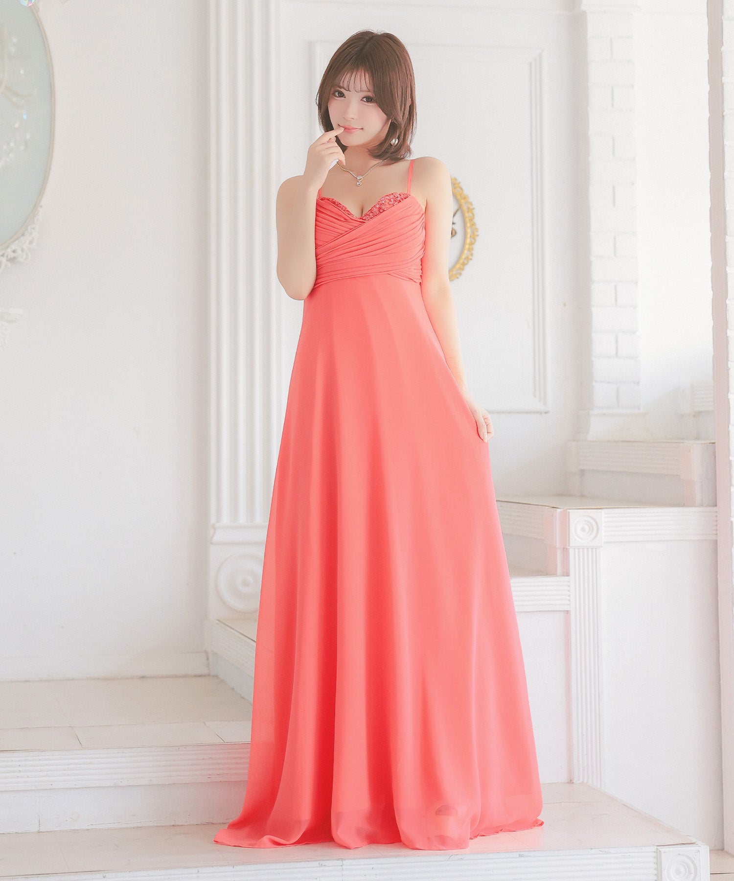 ティカ Tika キャバドレス キャミソール ハートカットレース ギャザー シフォン ドレープ Aラインロングドレス (Sサイズ～XXXLサイズ) （スカーレット） スカーレット