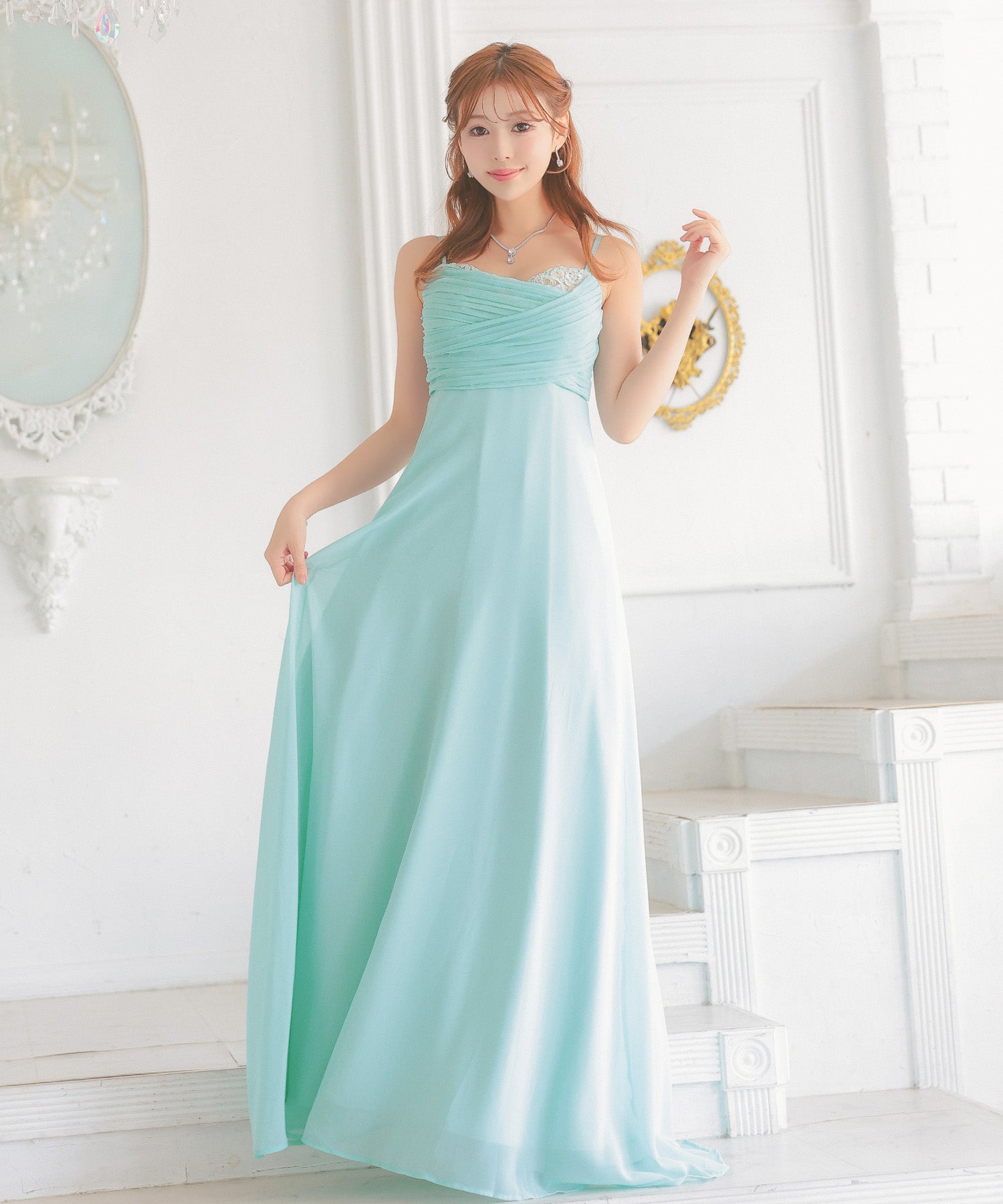 ティカ Tika キャバドレス キャミソール ハートカットレース ギャザー シフォン ドレープ Aラインロングドレス (Sサイズ～XXXLサイズ) （ミントブルー） ミントブルー