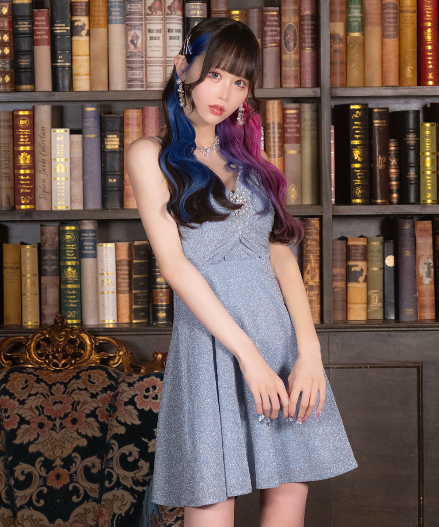 ティカ Tika キャバドレス キャミソール ギャザー パールビジュー ラメ フレアミニドレス (Sサイズ～XXXXLサイズ) （ダスティブルー） ダスティブルー