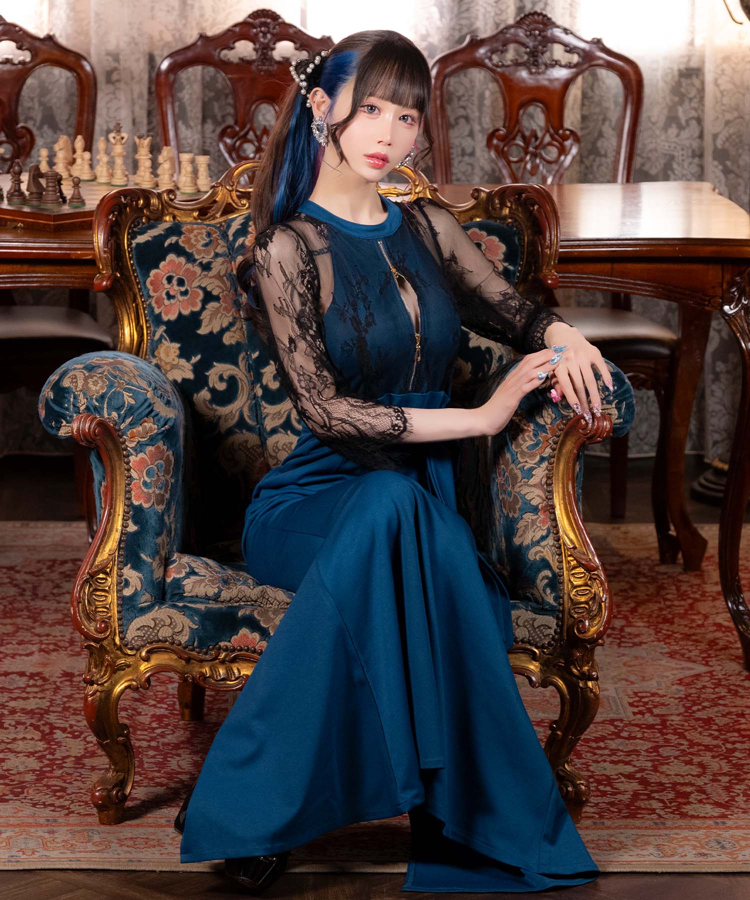 ティカ Tika キャバドレス シアーブラックレース 袖あり 七分袖 バストジップ 谷間見せ ウエストリボン ストレッチ バックスリット タイトロングドレス(Sサイズ～XXLサイズ) （ブラック×ブルー） ブラック×ブルー