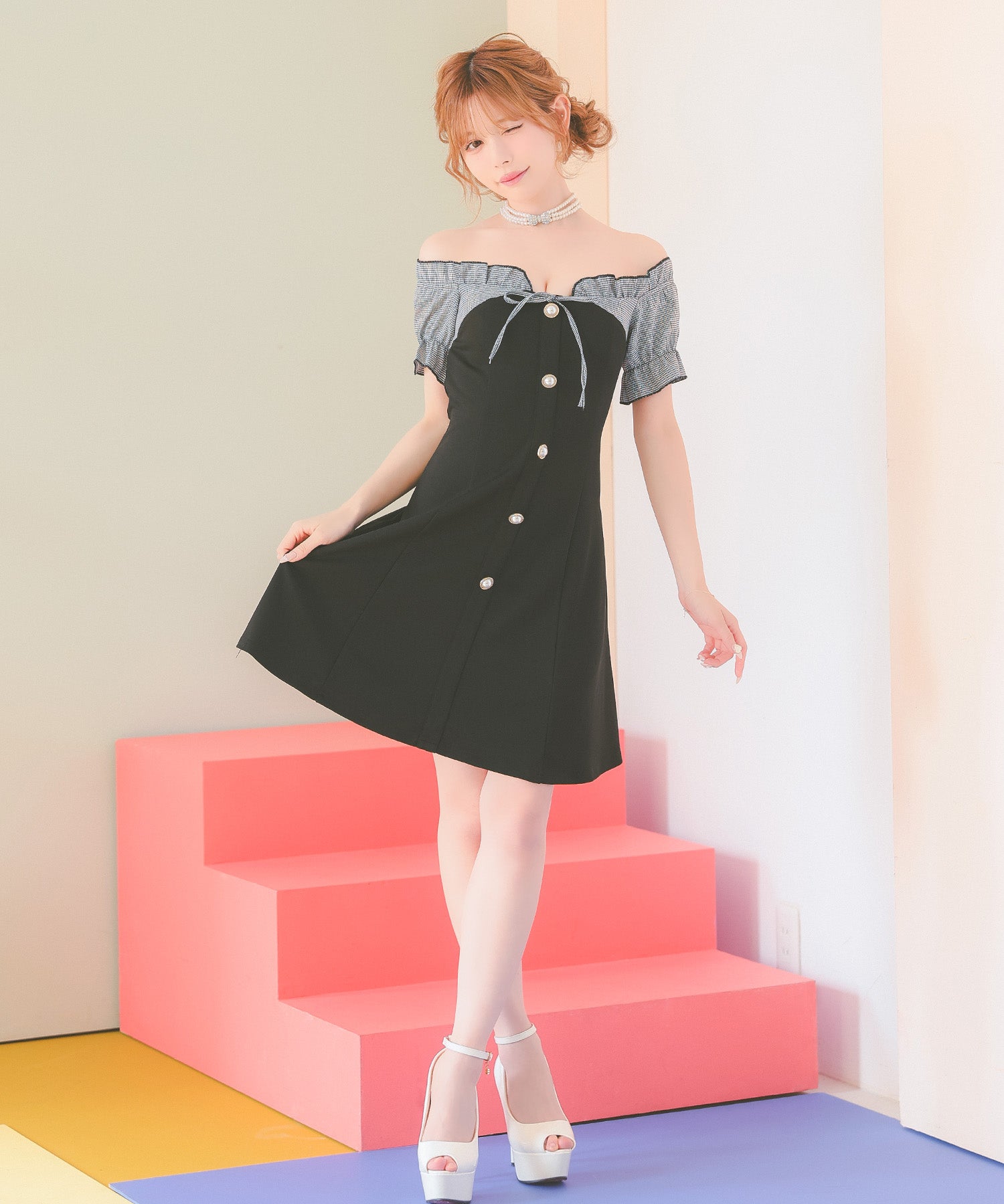 ティカ Tika キャバドレス オフショルダー 千鳥格子柄 ネックリボン パフスリーブ フロントボタン フレアミニドレス (Sサイズ～XXLサイズ) （ブラック） ブラック