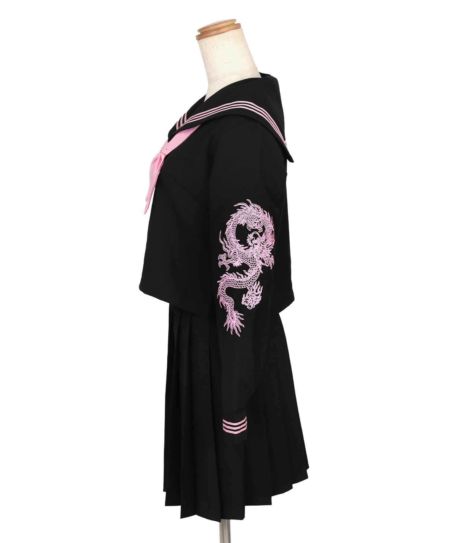 ティカ Tika コスプレ 龍刺繍入り ミニ丈 体型カバー 袖あり プリーツ フレアスカート セーラー服 4点セット (セーラー服上下/スカーフ/ソックス) （ブラック×ピンク） ブラック×ピンク