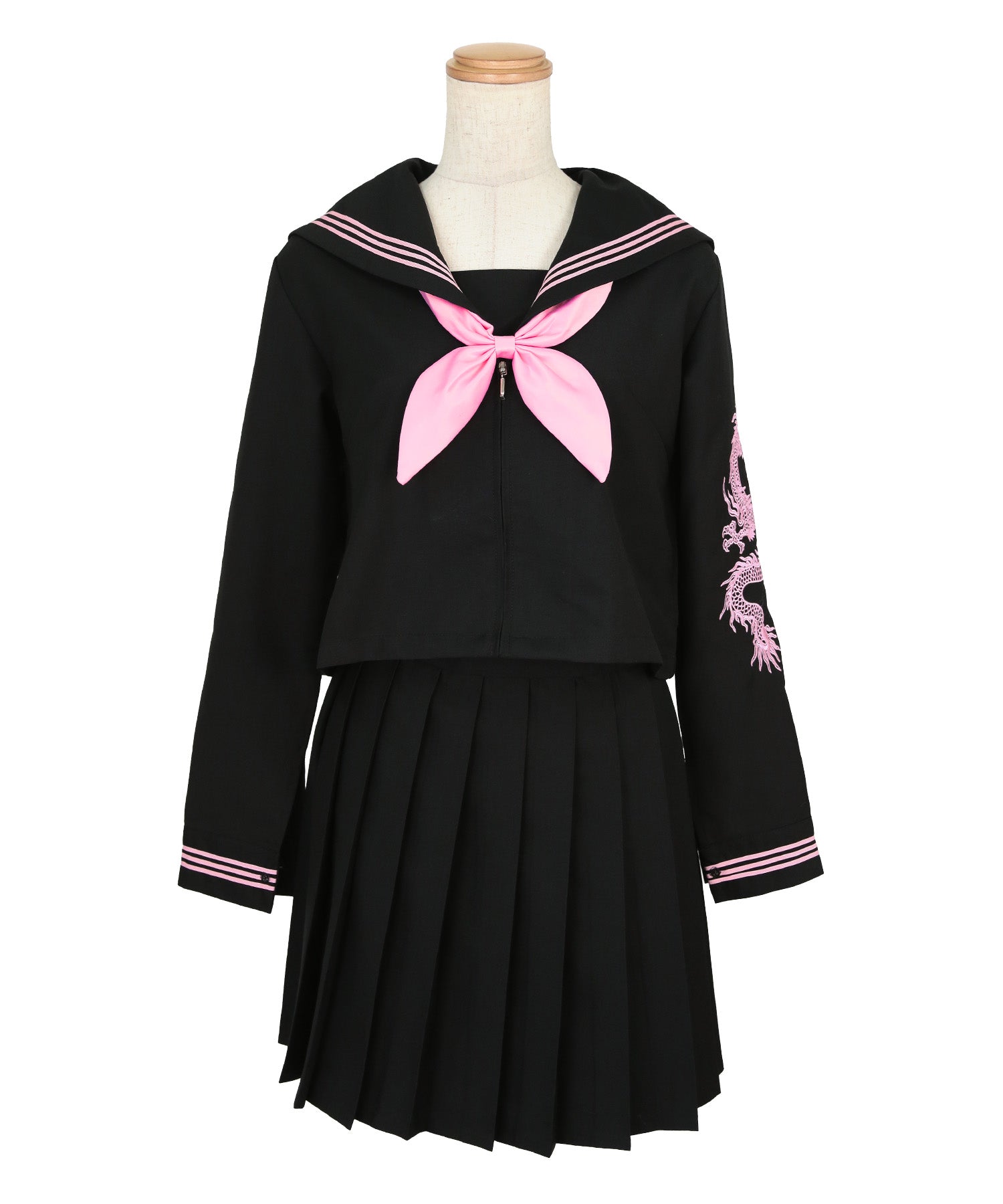 ティカ Tika コスプレ 龍刺繍入り ミニ丈 体型カバー 袖あり プリーツ フレアスカート セーラー服 4点セット (セーラー服上下/スカーフ/ソックス) （ブラック×ピンク） ブラック×ピンク