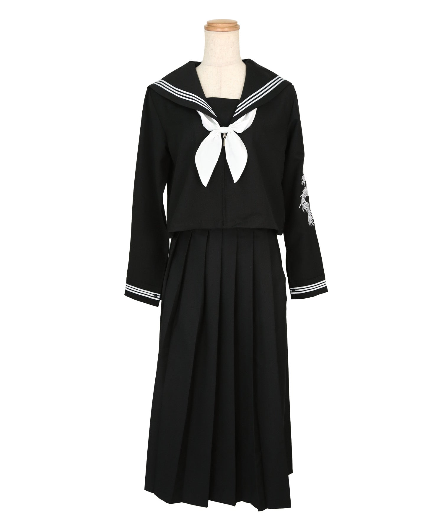 ティカ Tika コスプレ かわいい スケバン風 袖あり 体型カバー 龍刺繍入り ロング丈 セーラー服 [4点セット] (セーラー服上下/スカーフ/ソックス) （ブラック×ホワイト） ブラック×ホワイト