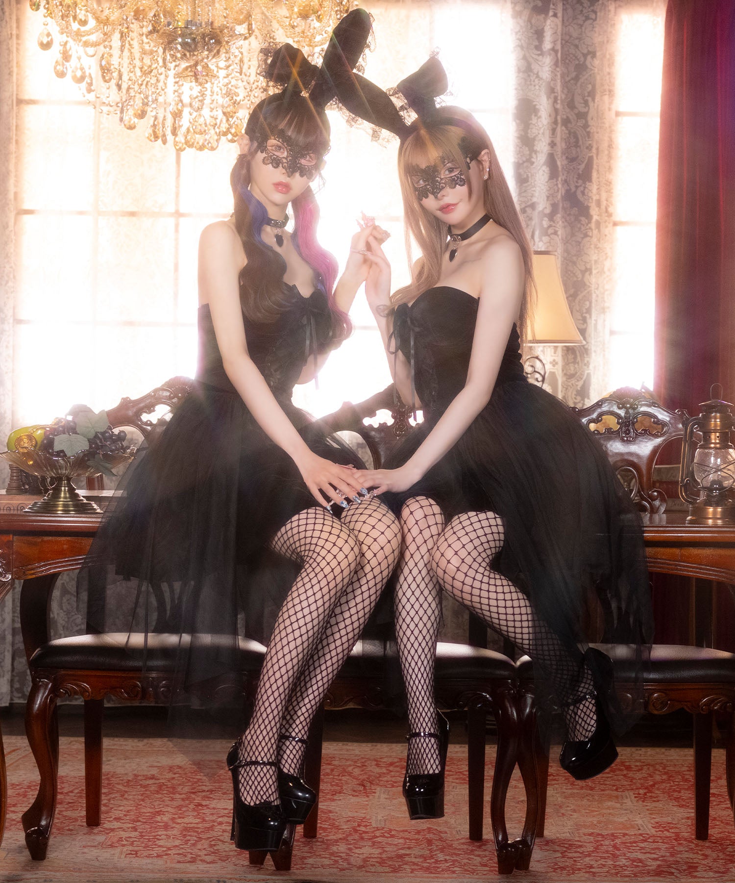 ティカ Tika ハロウィン コスプレ セクシー ベロア ベア レースアップ アシメチュール フレアスカート ツイン セクシー バニー 5点セット (チョーカー/ワンピース/カチューシャ/アイマスク/ニーハイソックス)【返品不可商品】 （ブラック） ブラック