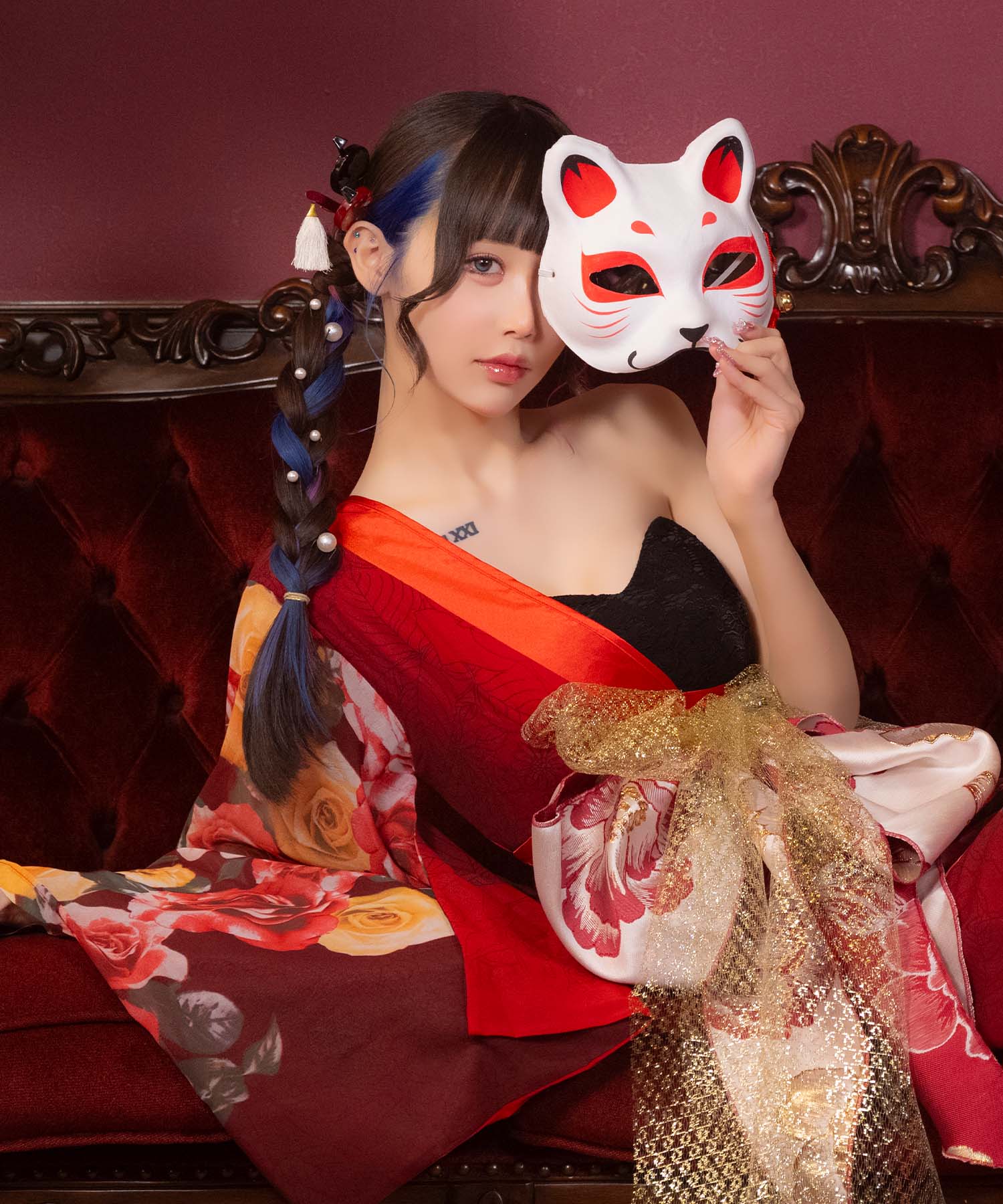 ティカ Tika コスプレ セクシー 花魁 ワンショル スリット ローズ 和装ドレス 3点セット (着物ドレス/帯2種) （ブラック×レッド） ブラック×レッド