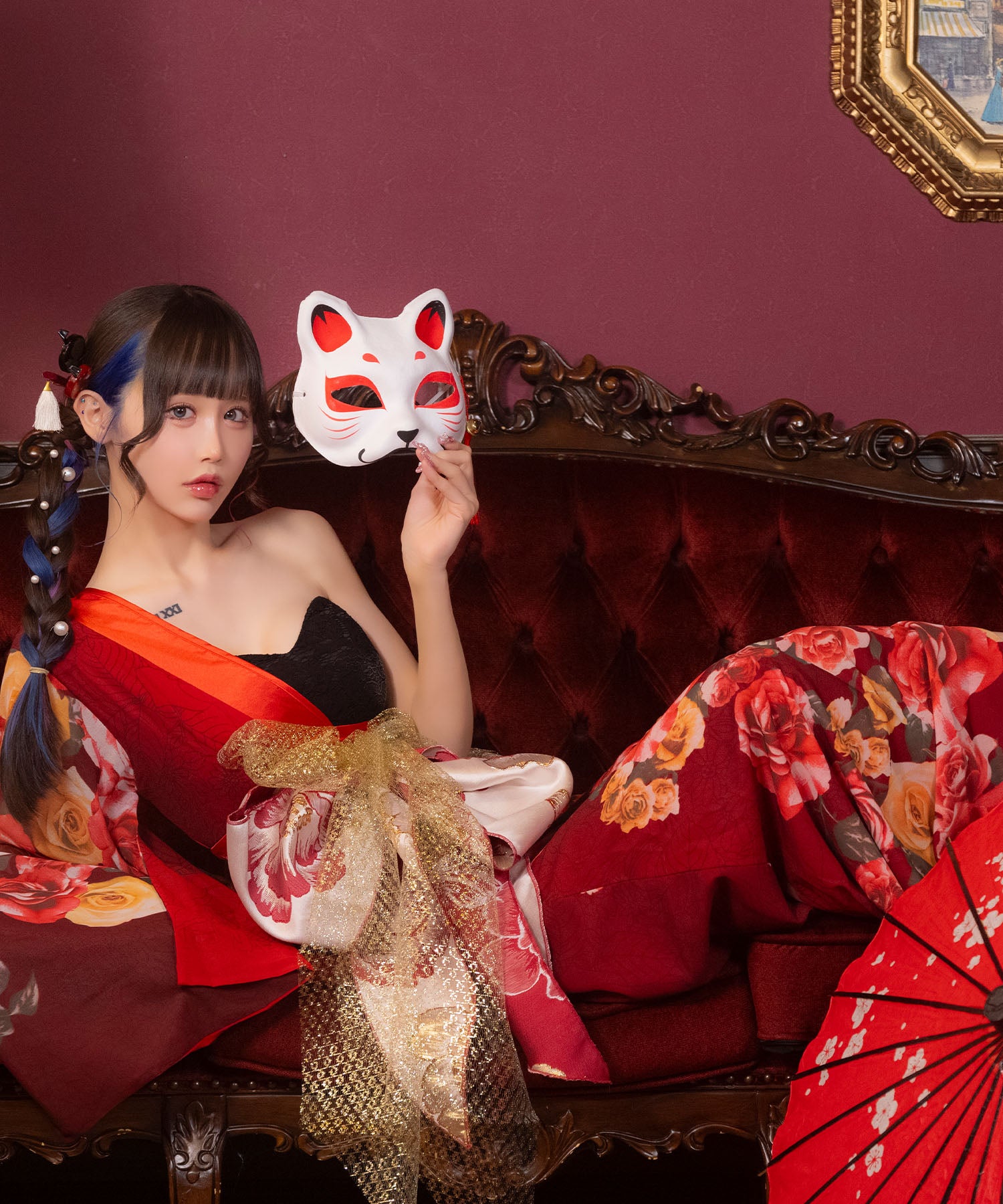 ティカ Tika コスプレ セクシー 花魁 ワンショル スリット ローズ 和装ドレス 3点セット (着物ドレス/帯2種) （ブラック×レッド） ブラック×レッド
