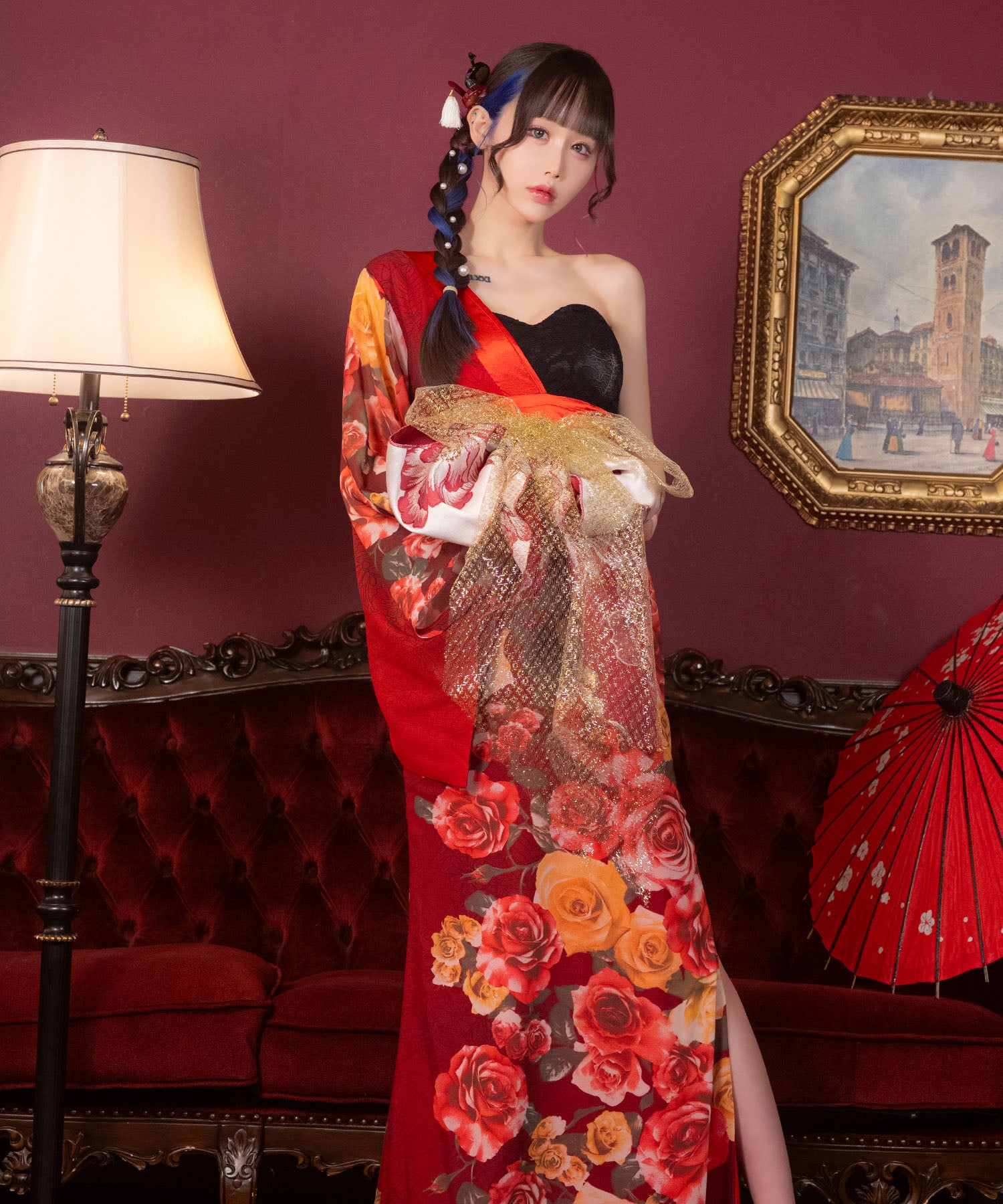 ティカ Tika コスプレ セクシー 花魁 ワンショル スリット ローズ 和装ドレス 3点セット (着物ドレス/帯2種) （ブラック×レッド） ブラック×レッド