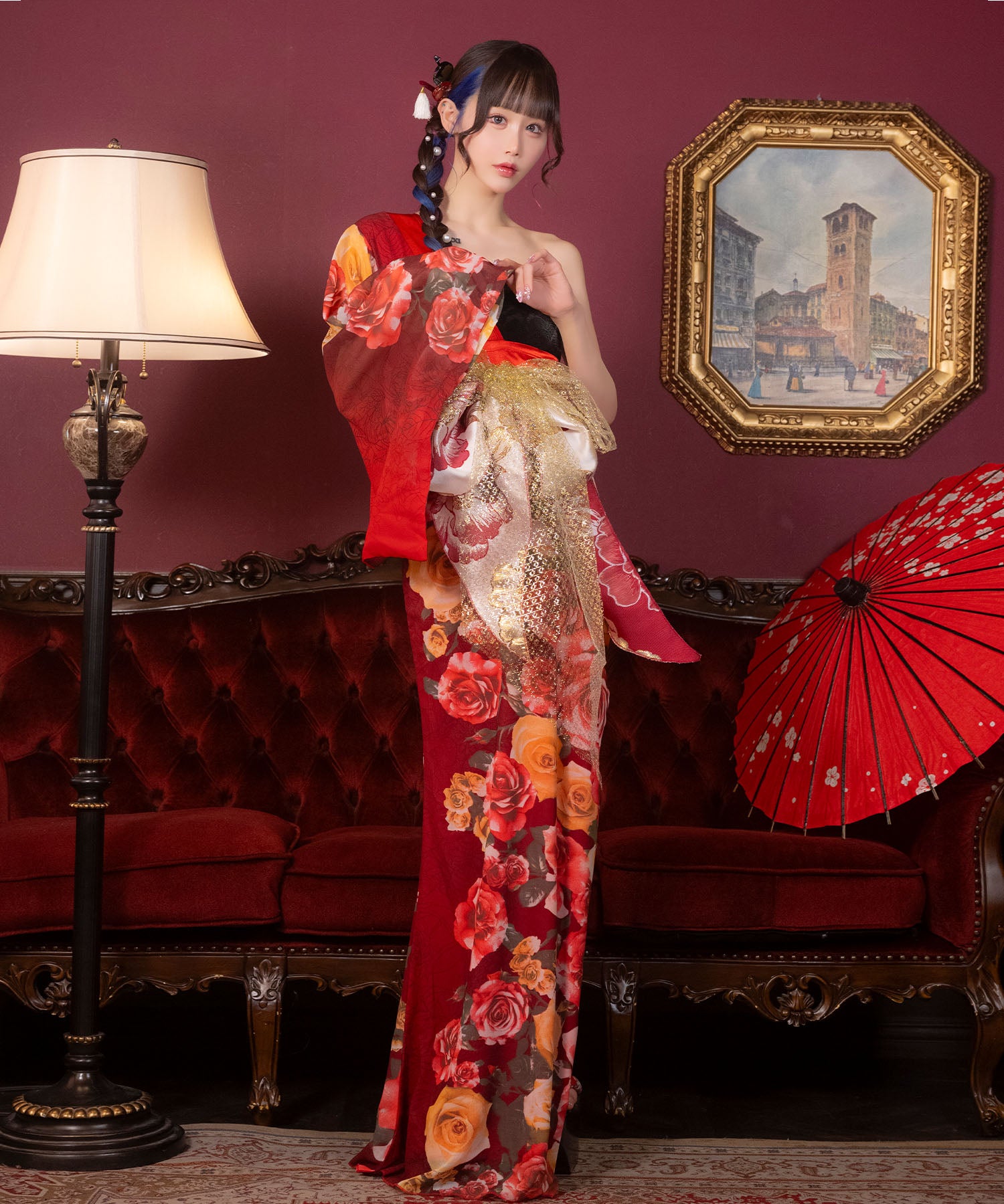 ティカ Tika コスプレ セクシー 花魁 ワンショル スリット ローズ 和装ドレス 3点セット (着物ドレス/帯2種) （ブラック×レッド） ブラック×レッド