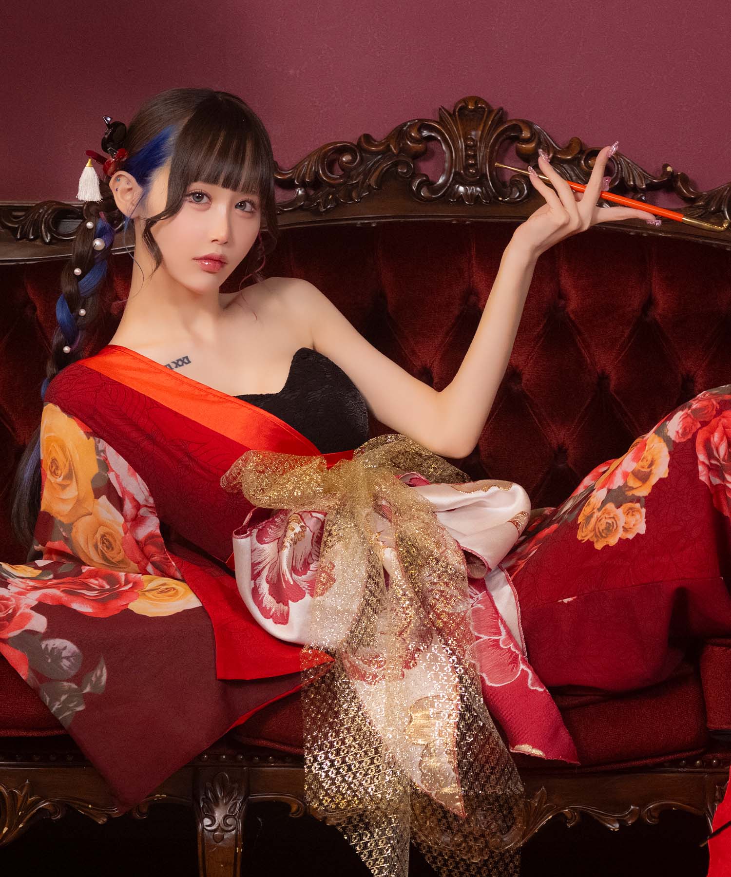 ティカ Tika コスプレ セクシー 花魁 ワンショル スリット ローズ 和装ドレス 3点セット (着物ドレス/帯2種) （ブラック×レッド） ブラック×レッド