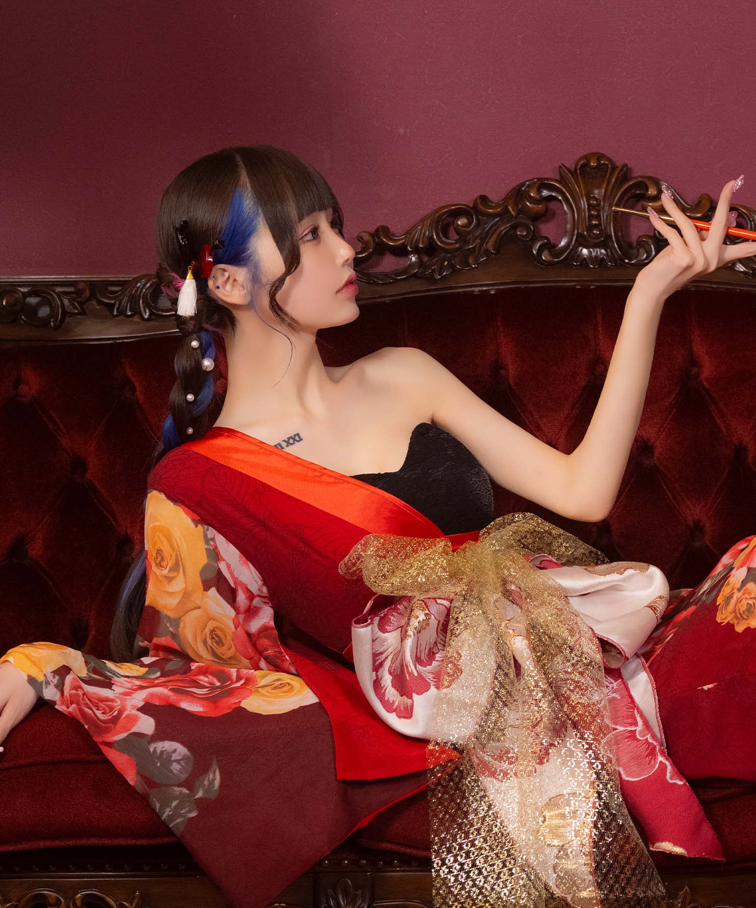 ティカ Tika コスプレ セクシー 花魁 ワンショル スリット ローズ 和装ドレス 3点セット (着物ドレス/帯2種) （ブラック×レッド） ブラック×レッド