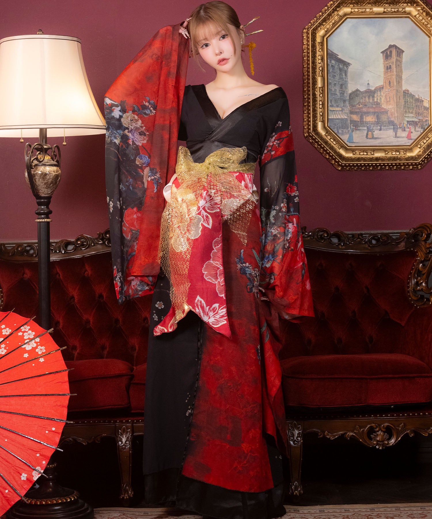 ティカ Tika コスプレ セクシー  花魁 アートフラワー ロング丈 和装ドレス 3点セット (着物ドレス/帯2種) （ブラック×レッド） ブラック×レッド
