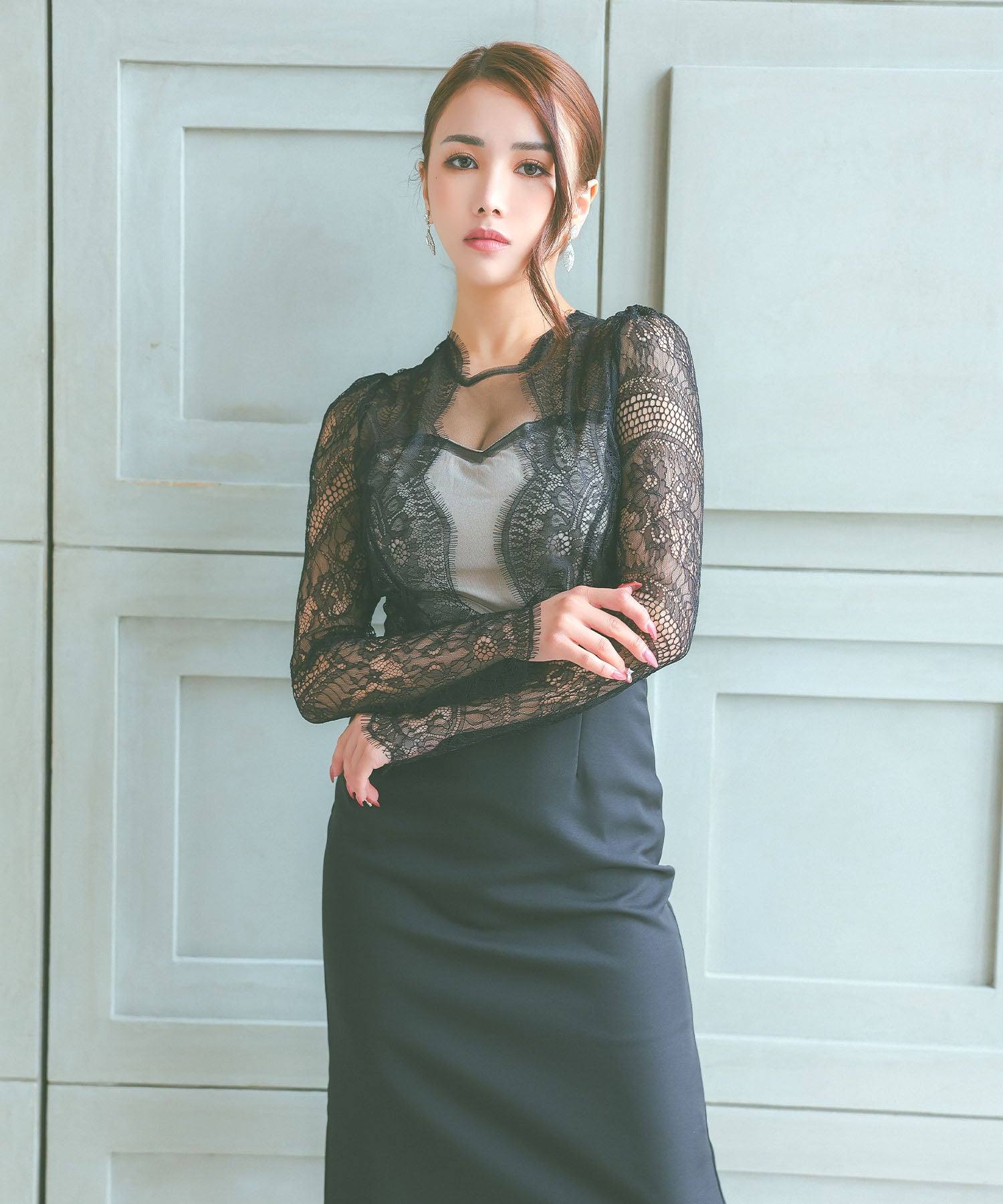 ティカ Tika キャバドレス タイト 膝丈ドレス 袖あり スカラップレース 大人 上品 ストレッチ 長袖 （ブラック） ブラック