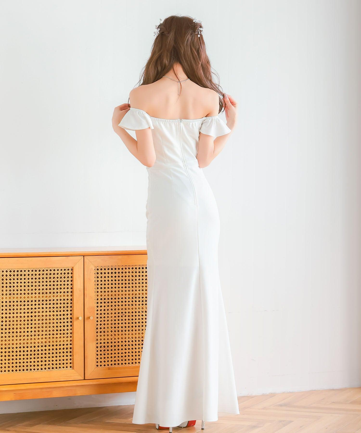 ティカ Tika キャバドレス タイト ロングドレス 谷間 オフショルダー 大きいサイズ シンプル 大人 スリット 上品 ストレッチ パール ビジュー （ホワイト） ホワイト