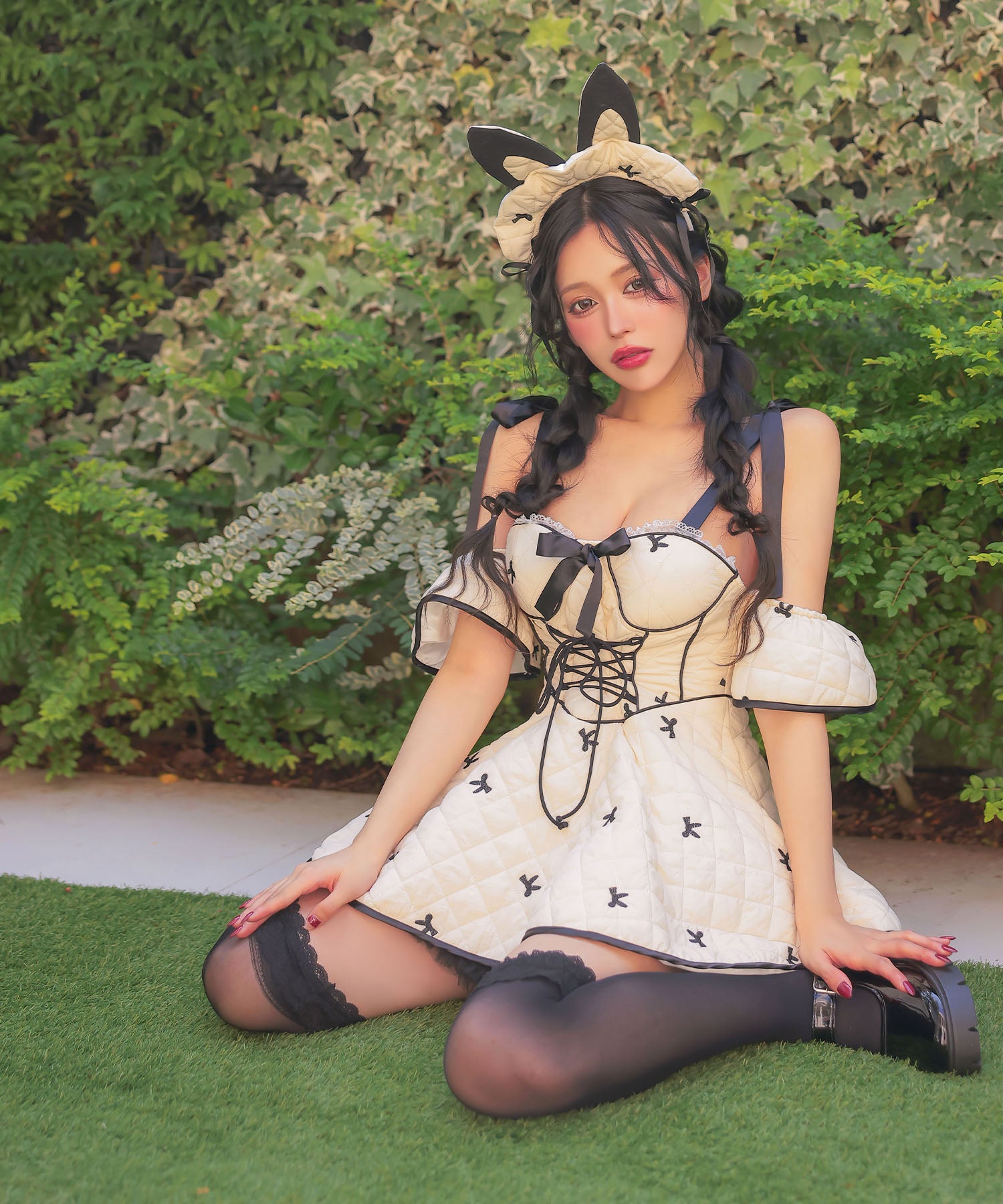 ティカ Tika コスプレ セクシー バニー  キルティング パイピング リボン フレアスカート ガーリー ツイン ハロウィン 3点セット （クリーム） クリーム