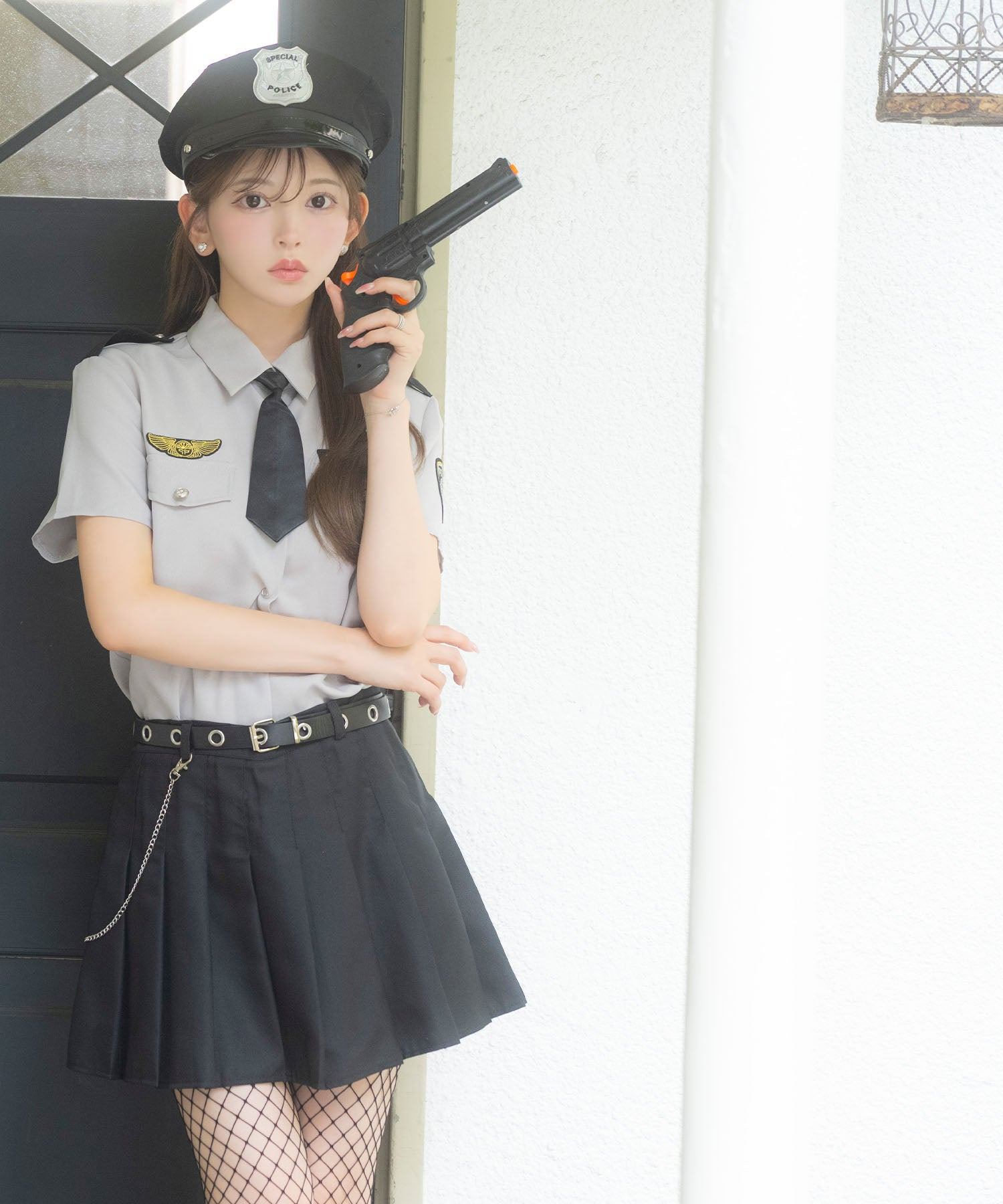 ティカ Tika コスプレ かわいい ポリス ワッペン付き 体型カバー プリーツ フレアスカート ハロウィン 6点セット （グレー×ブラック） グレー×ブラック