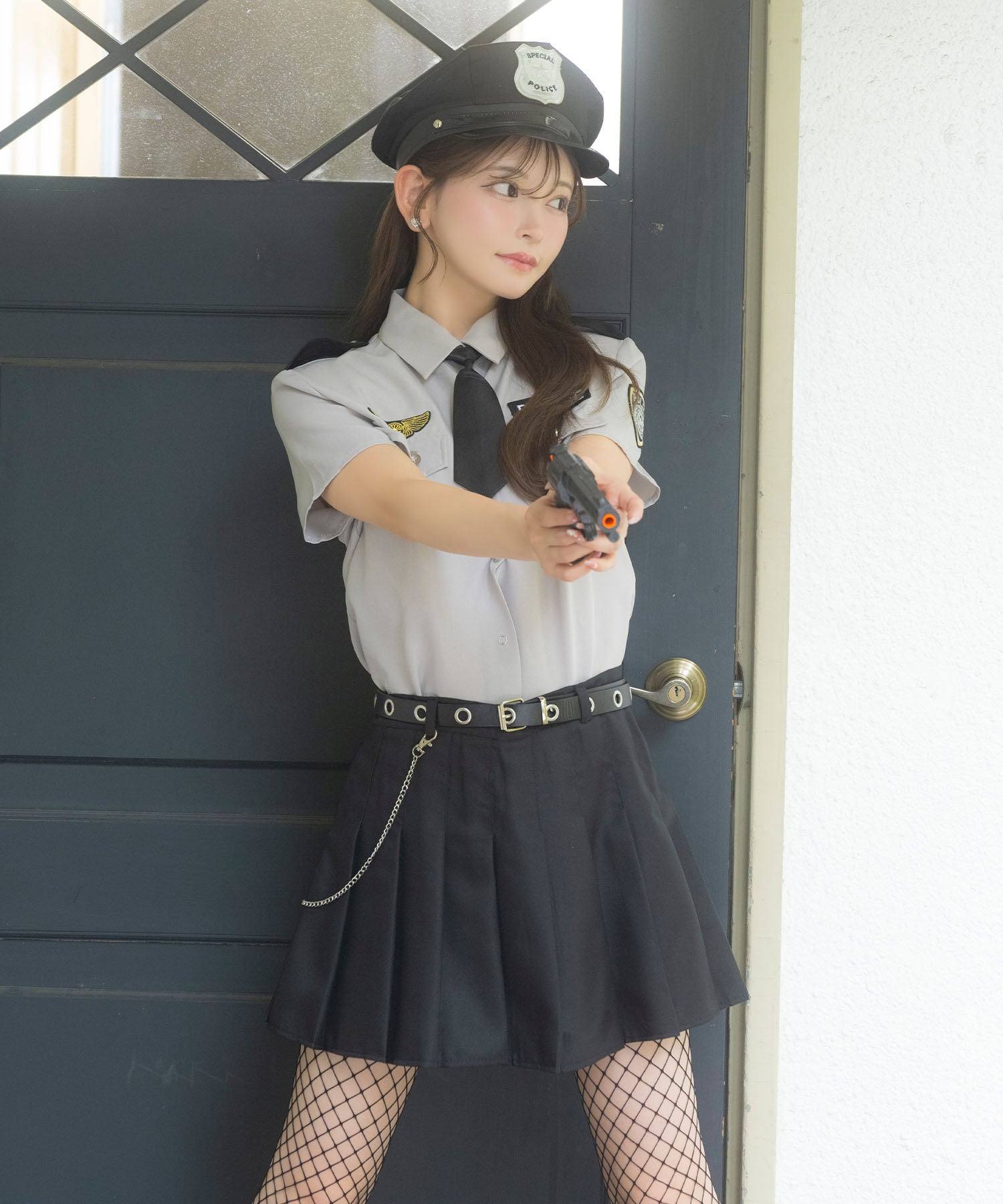 ティカ Tika コスプレ かわいい ポリス ワッペン付き 体型カバー プリーツ フレアスカート ハロウィン 6点セット （グレー×ブラック） グレー×ブラック