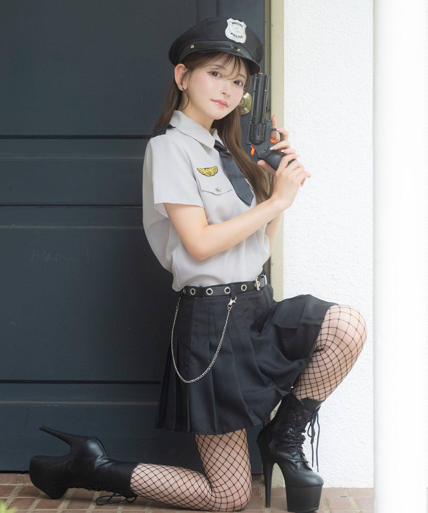 ティカ Tika コスプレ かわいい ポリス ワッペン付き 体型カバー プリーツ フレアスカート ハロウィン 6点セット （グレー×ブラック） グレー×ブラック