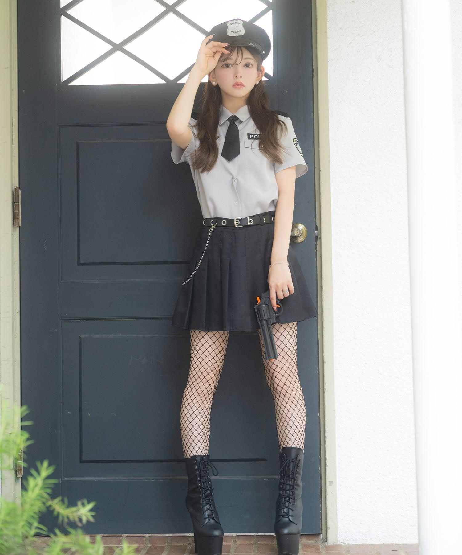 ティカ Tika コスプレ かわいい ポリス ワッペン付き 体型カバー プリーツ フレアスカート ハロウィン 6点セット （グレー×ブラック） グレー×ブラック