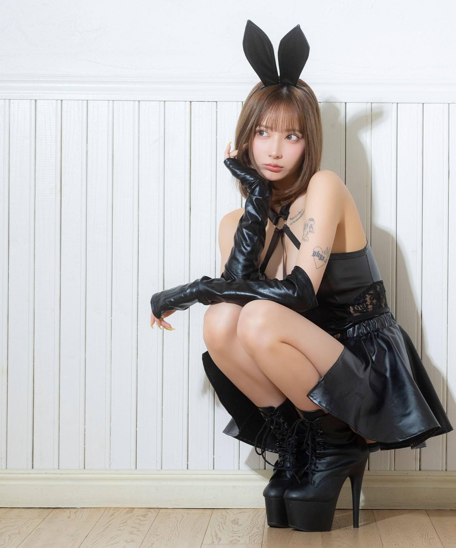 ティカ Tika コスプレ セクシー バニー  ブラック レザー ハイレグ 巻きスカート ハロウィン 4点セット （ブラック） ブラック