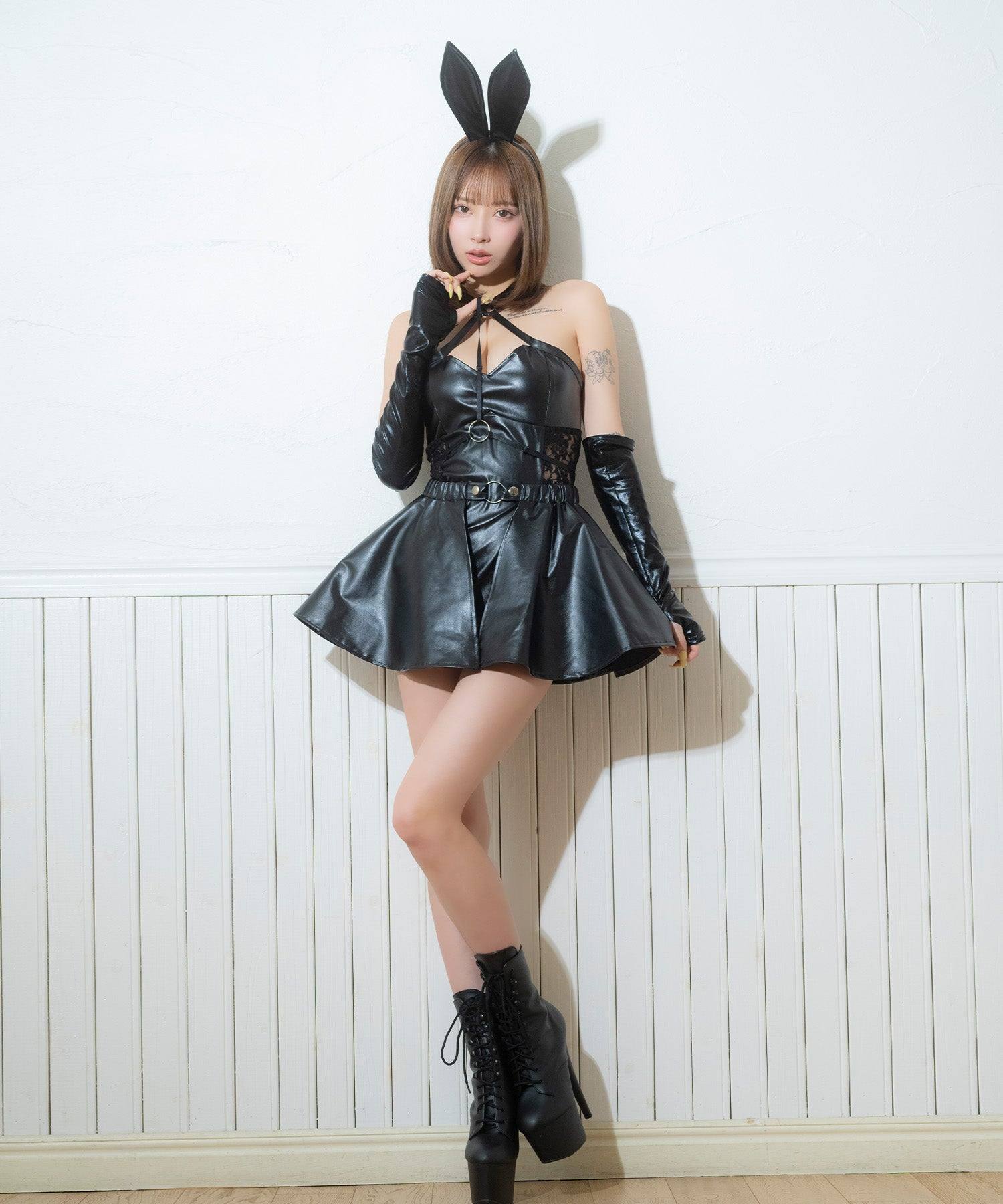 ティカ Tika コスプレ セクシー バニー  ブラック レザー ハイレグ 巻きスカート ハロウィン 4点セット （ブラック） ブラック