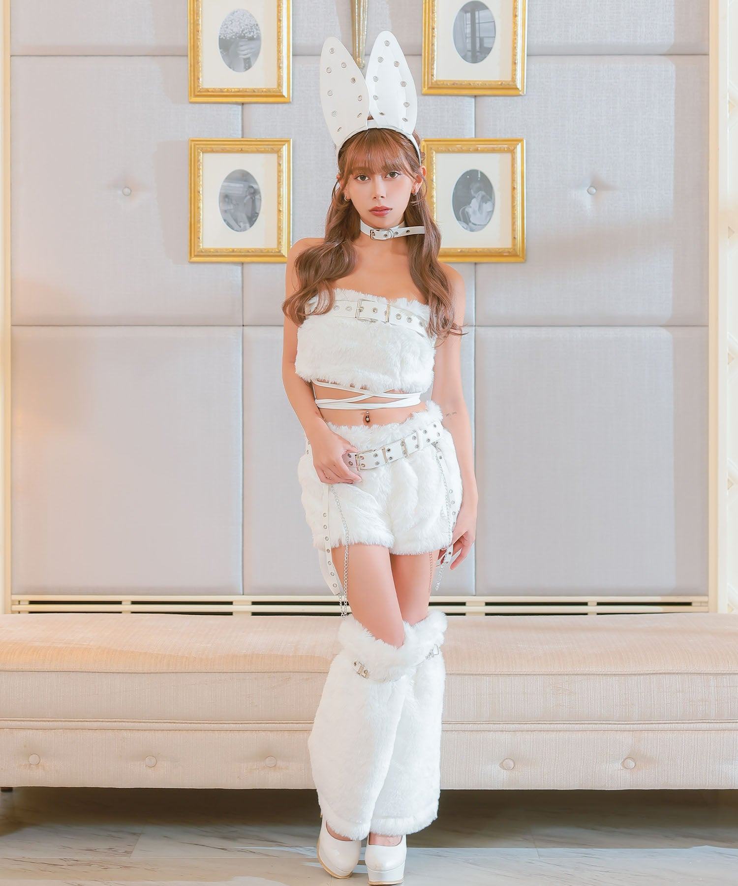 ティカ Tika コスプレ セクシー バニー  もこもこ ベルトデザイン  へそ出し ツイン ハロウィン 6点セット （ホワイト） ホワイト