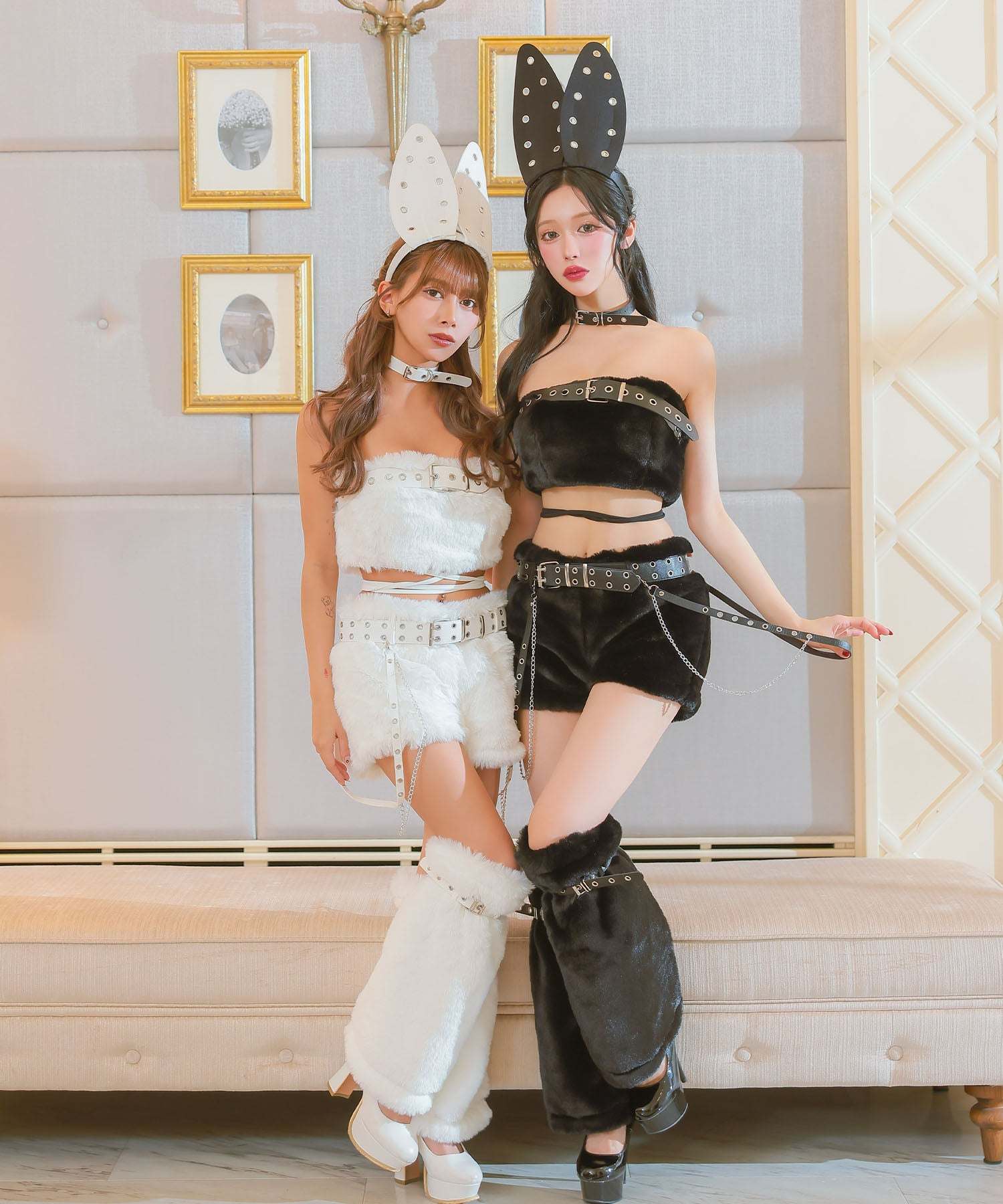 ティカ Tika コスプレ セクシー バニー  もこもこ ベルトデザイン  へそ出し ツイン ハロウィン 6点セット （ホワイト） ホワイト