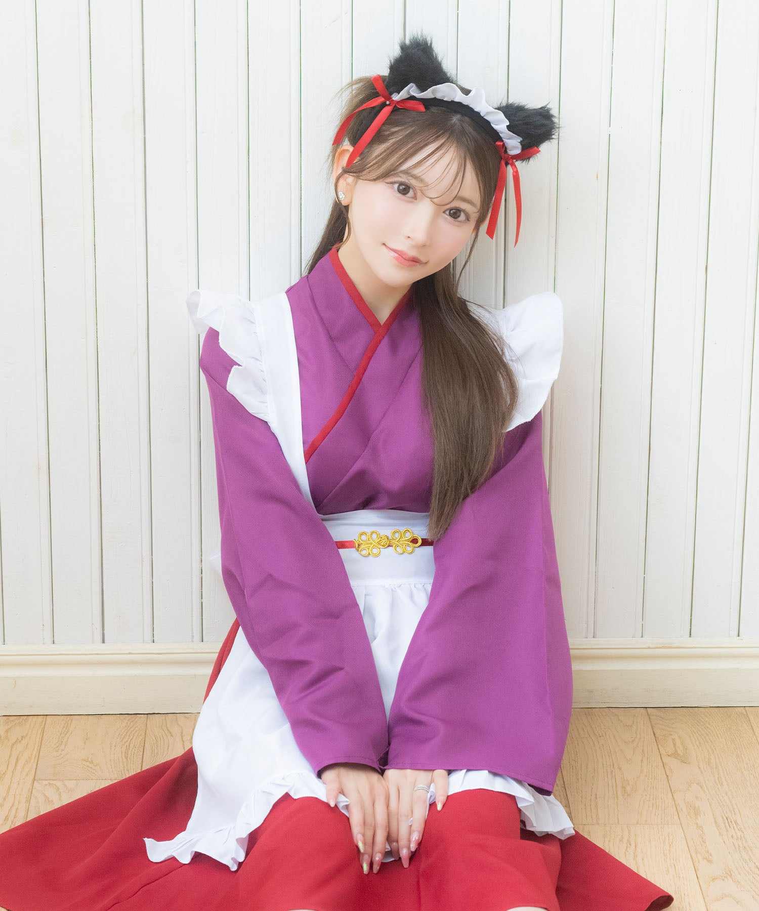 ティカ Tika コスプレ かわいい 猫  メイド 和風 袖あり 体型カバー ロング丈 アニマル ガーリー ハロウィン 3点セット （パープル×ワインレッド） パープル×ワインレッド