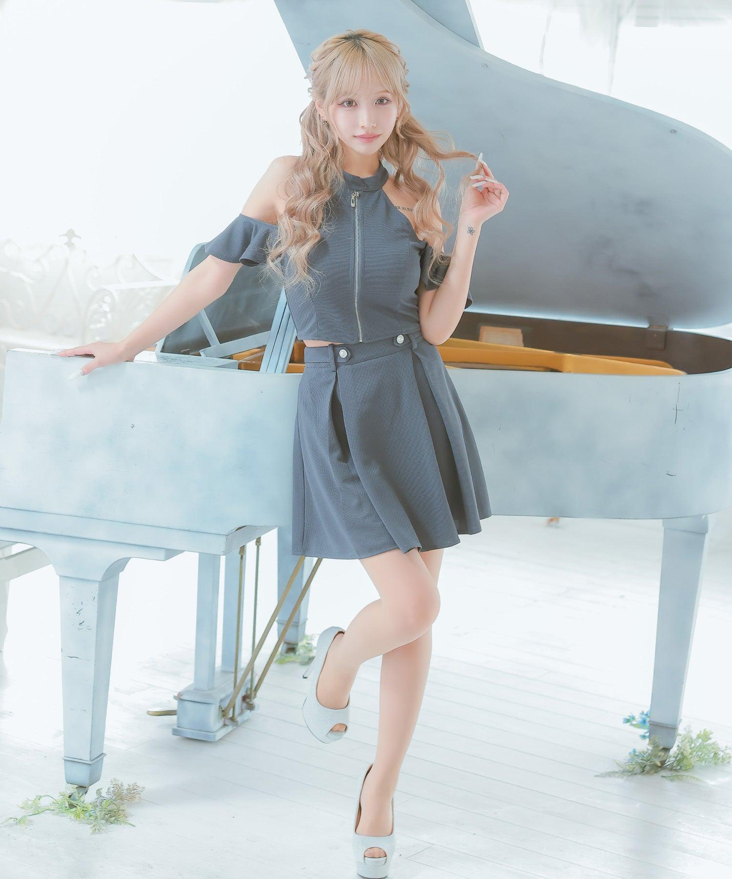 A-Line Mini Dress Set Up with Deep V, Zip, Elegant High Neck, Stretch,