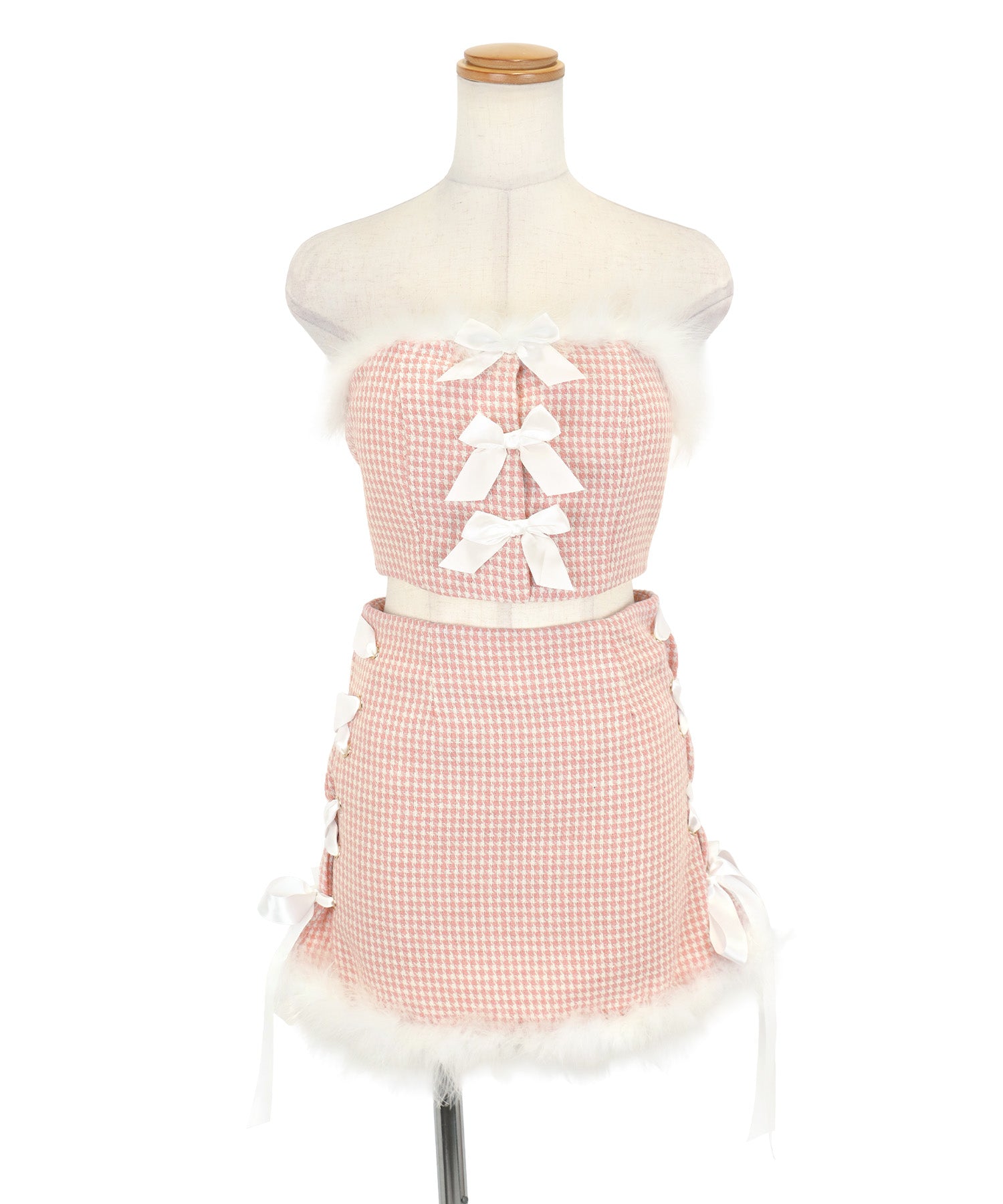 ティカ Tika サンタコスプレピンク千鳥柄 ホワイトリボン セットアップ クリスマスコスプ 4点set （ピンク） ピンク