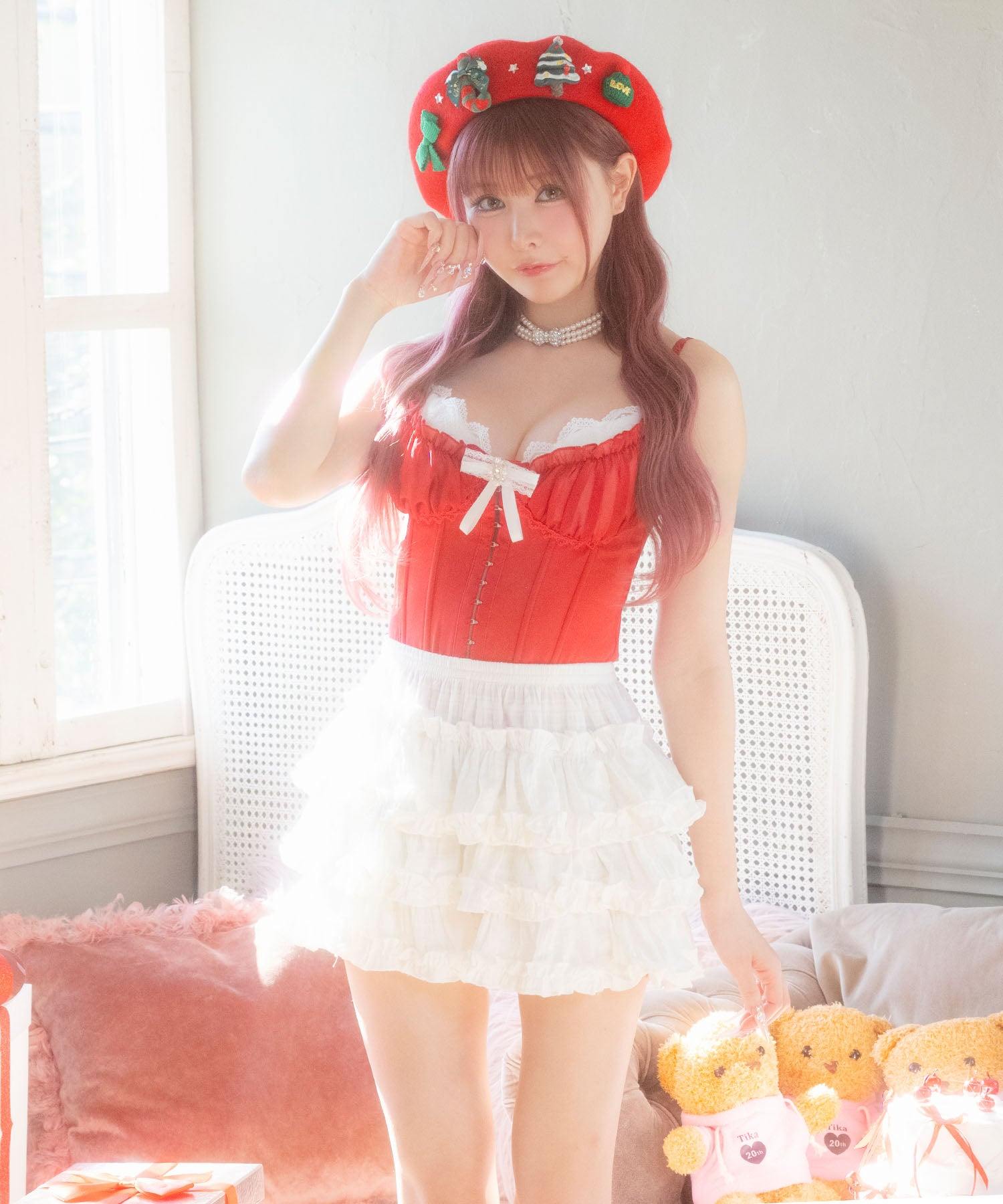 ティカ Tika サンタコスプレ  レース リボン コルセット ティアードフリル スカパン フレアスカート クリスマス コスチューム サンタコス 4点セット【返品不可商品】 （レッド×ホワイト） レッド×ホワイト